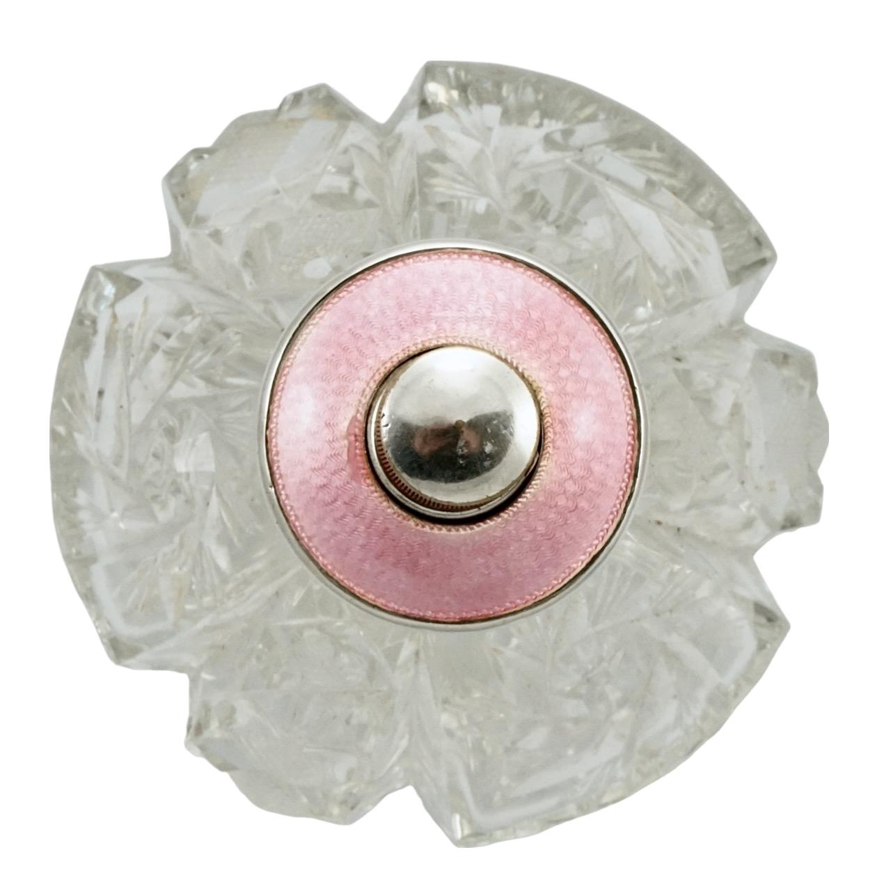 Parfümflasche aus geschliffenem Glas mit Sterlingsilber- und rosa Guilloche-Emaille-Platte im Angebot 2
