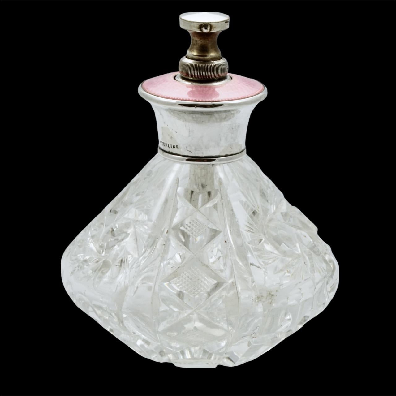 Cut Glass Perfume Bottle with Sterling Silver and Pink Guilloche Enamel Top For Sale 4