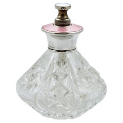 Vintage Cut Glass Perfume Bottle with Sterling Silver and Pink Guilloche Enamel Top