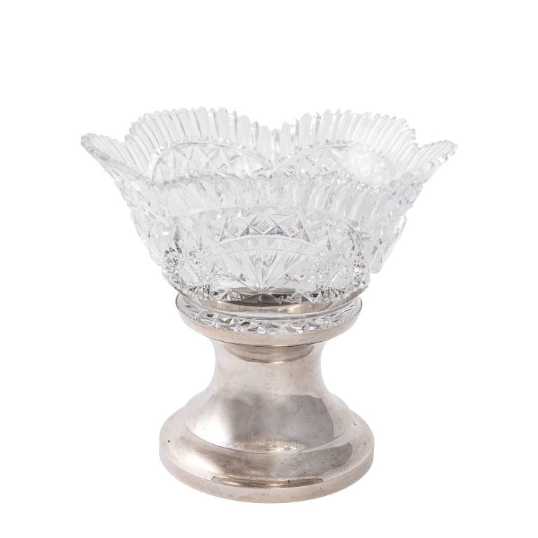 Cut-Glass Punch Bowl on 800 Sterling Silver Base For Sale