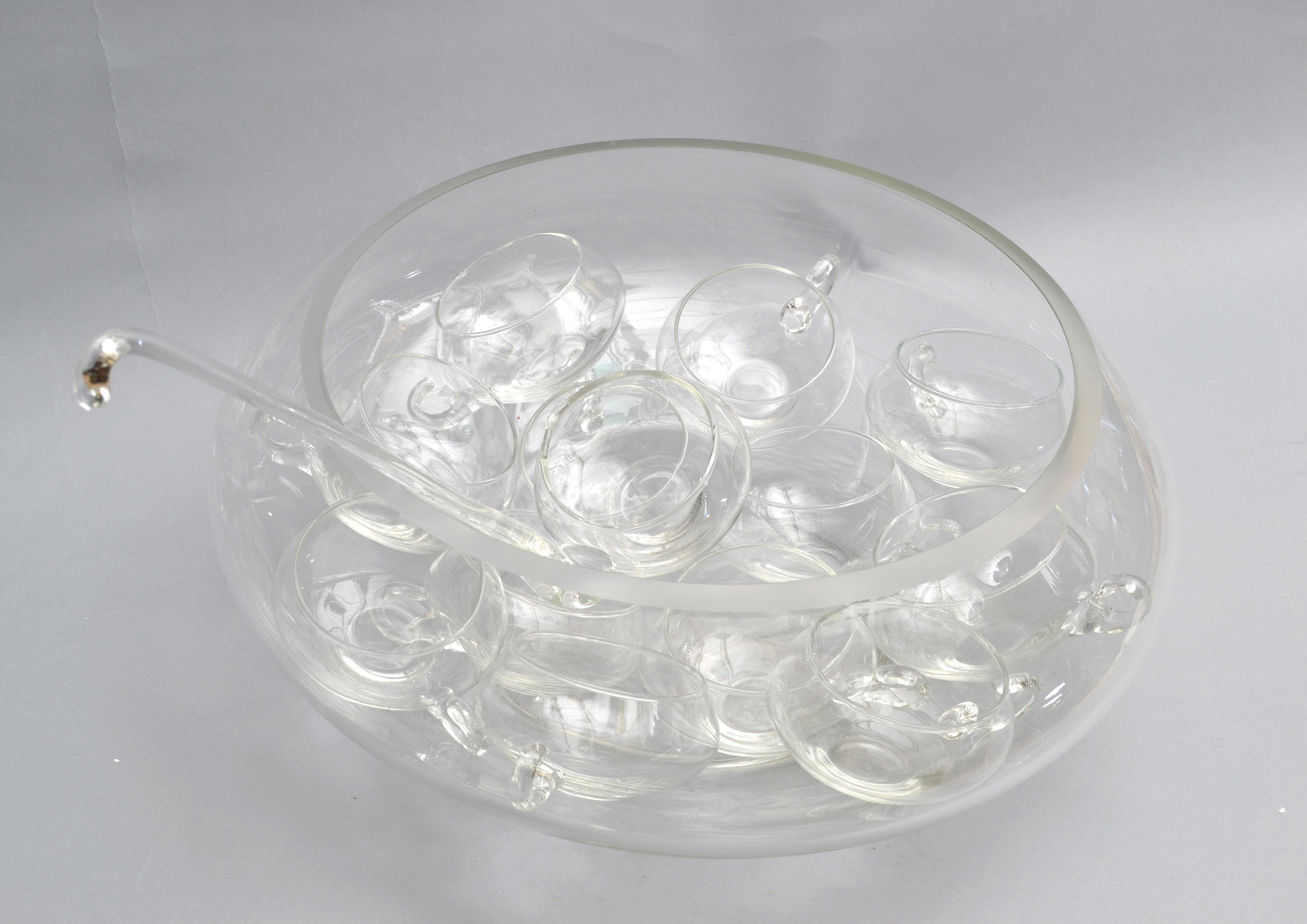 Mid-Century Modern Italian Art Deco Style Blown Glass Punch Bowl Set of 14  For Sale