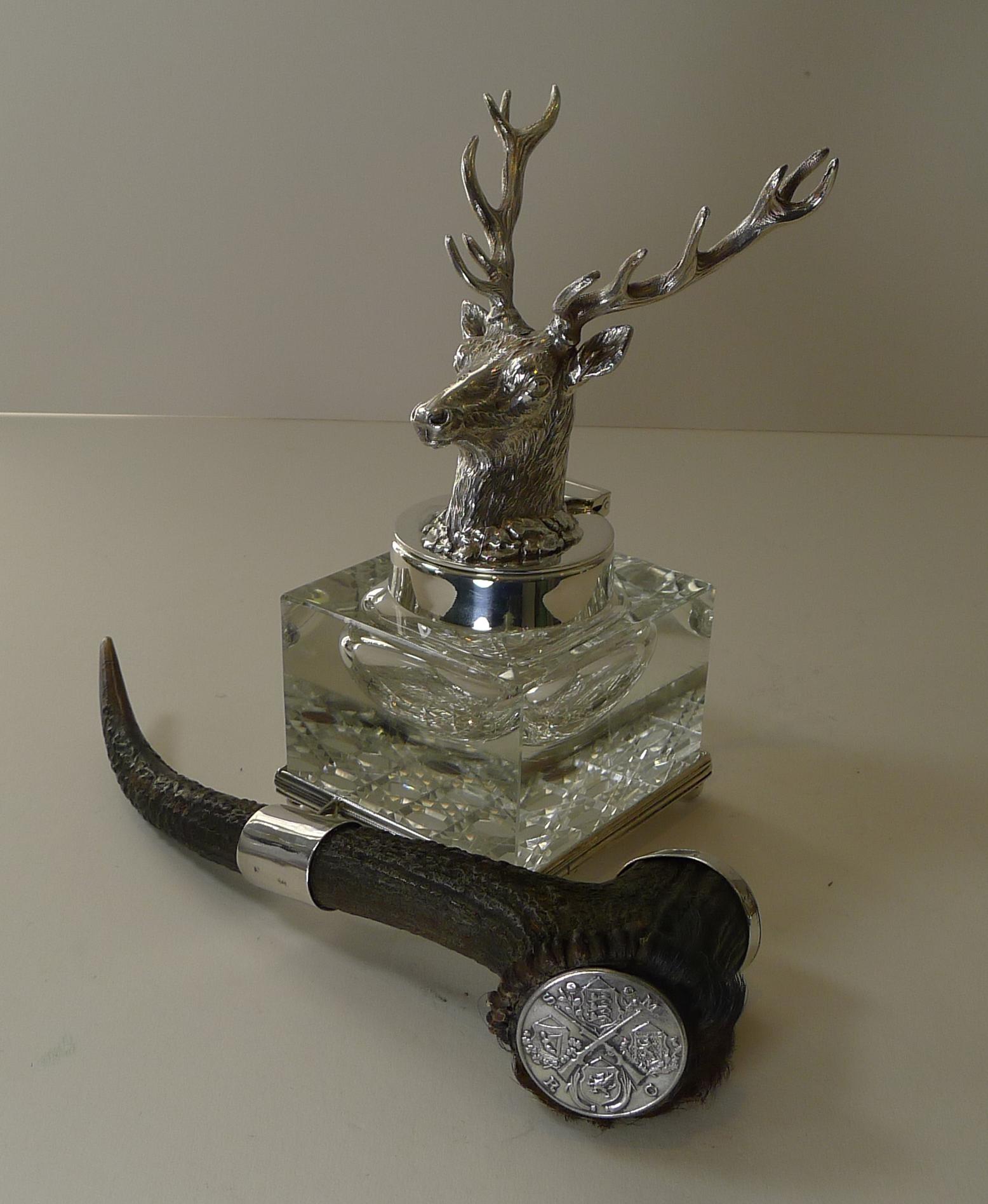 Cut Glass & Silver Plate Stag Inkwell c.1901, Society Miniature Rifle Club 6