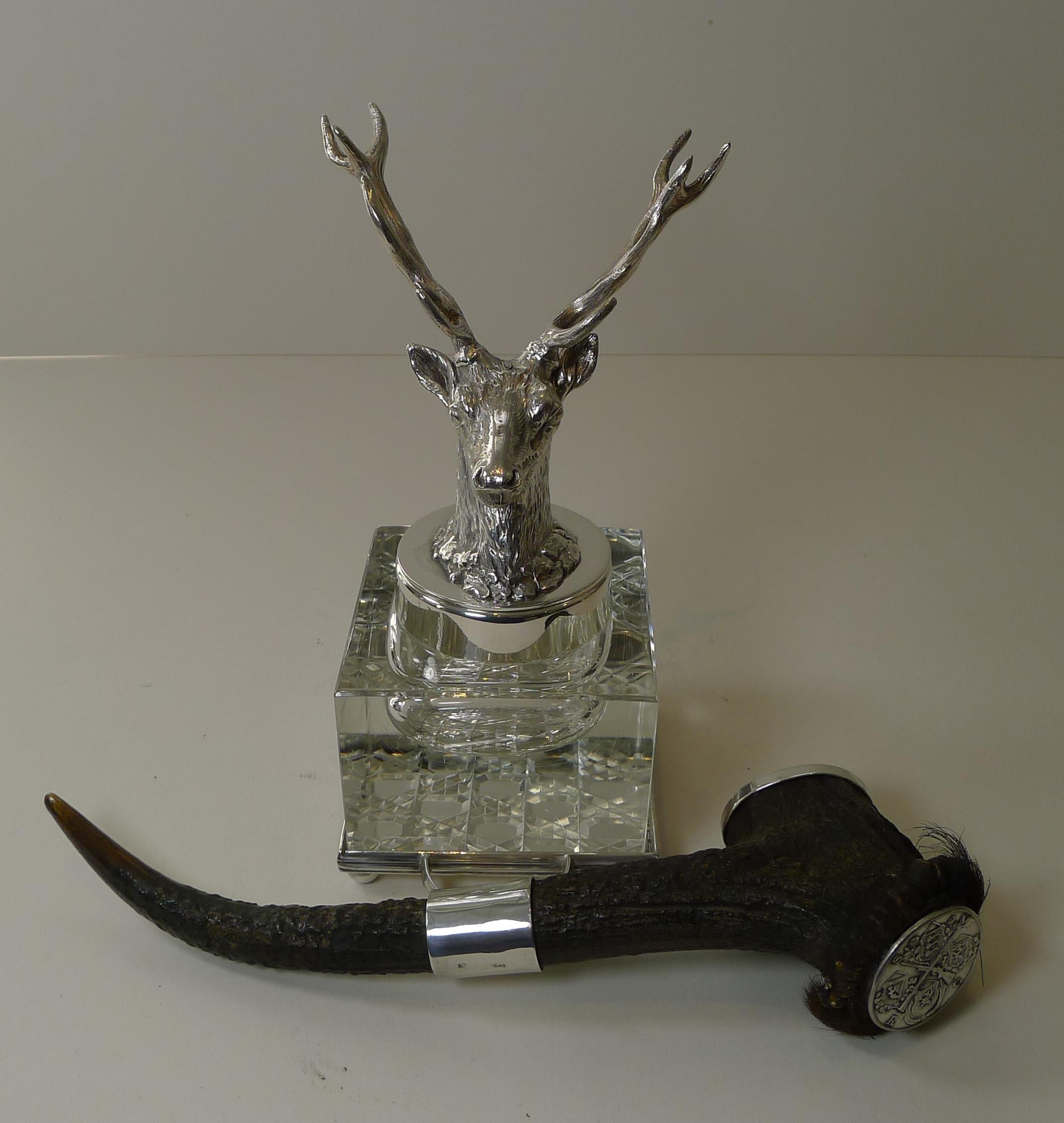 Early 20th Century Cut Glass & Silver Plate Stag Inkwell c.1901, Society Miniature Rifle Club