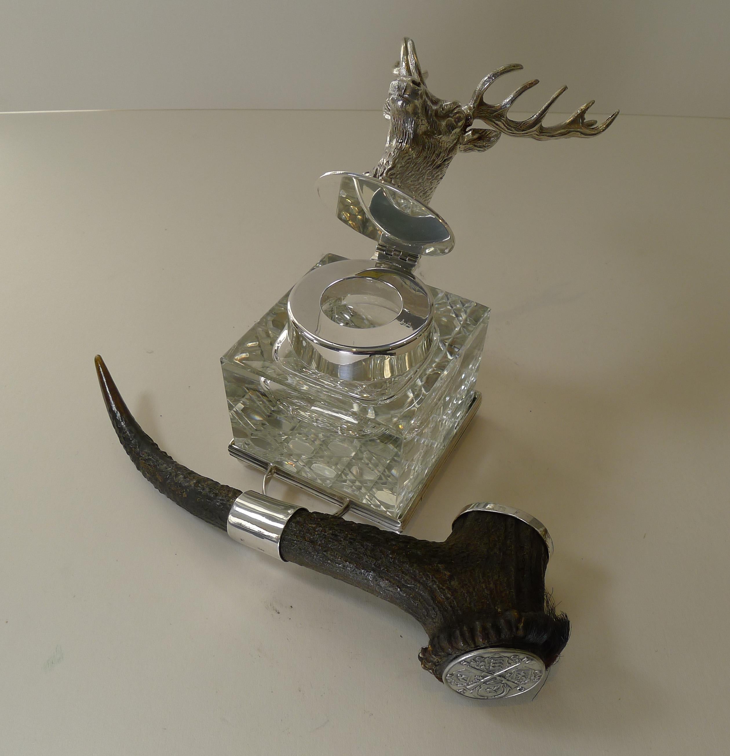 Cut Glass & Silver Plate Stag Inkwell c.1901, Society Miniature Rifle Club 3