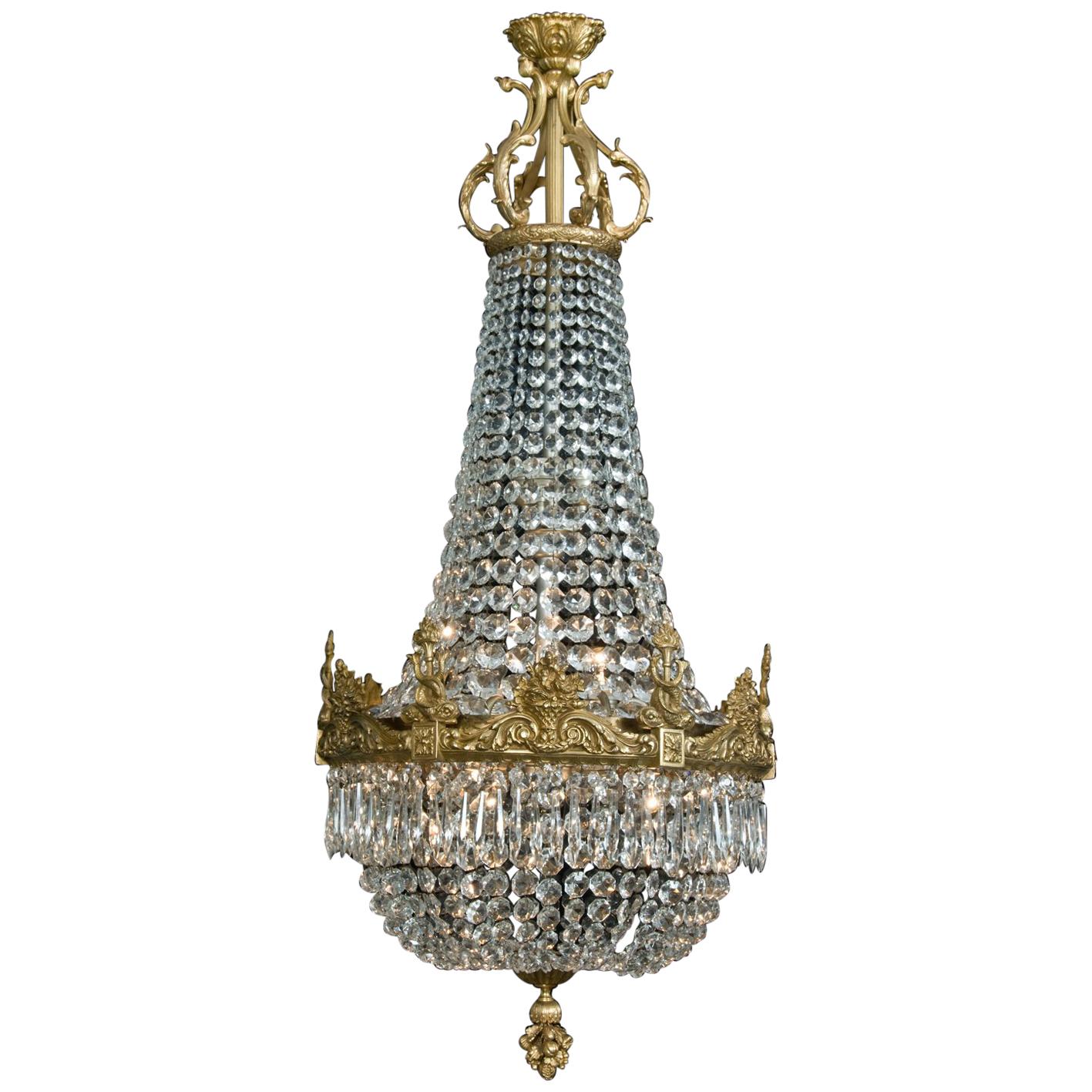 Cut-Glass Tent and Bag Chandelier with Finely Cast Entwined Dolphins, circa 1900 For Sale