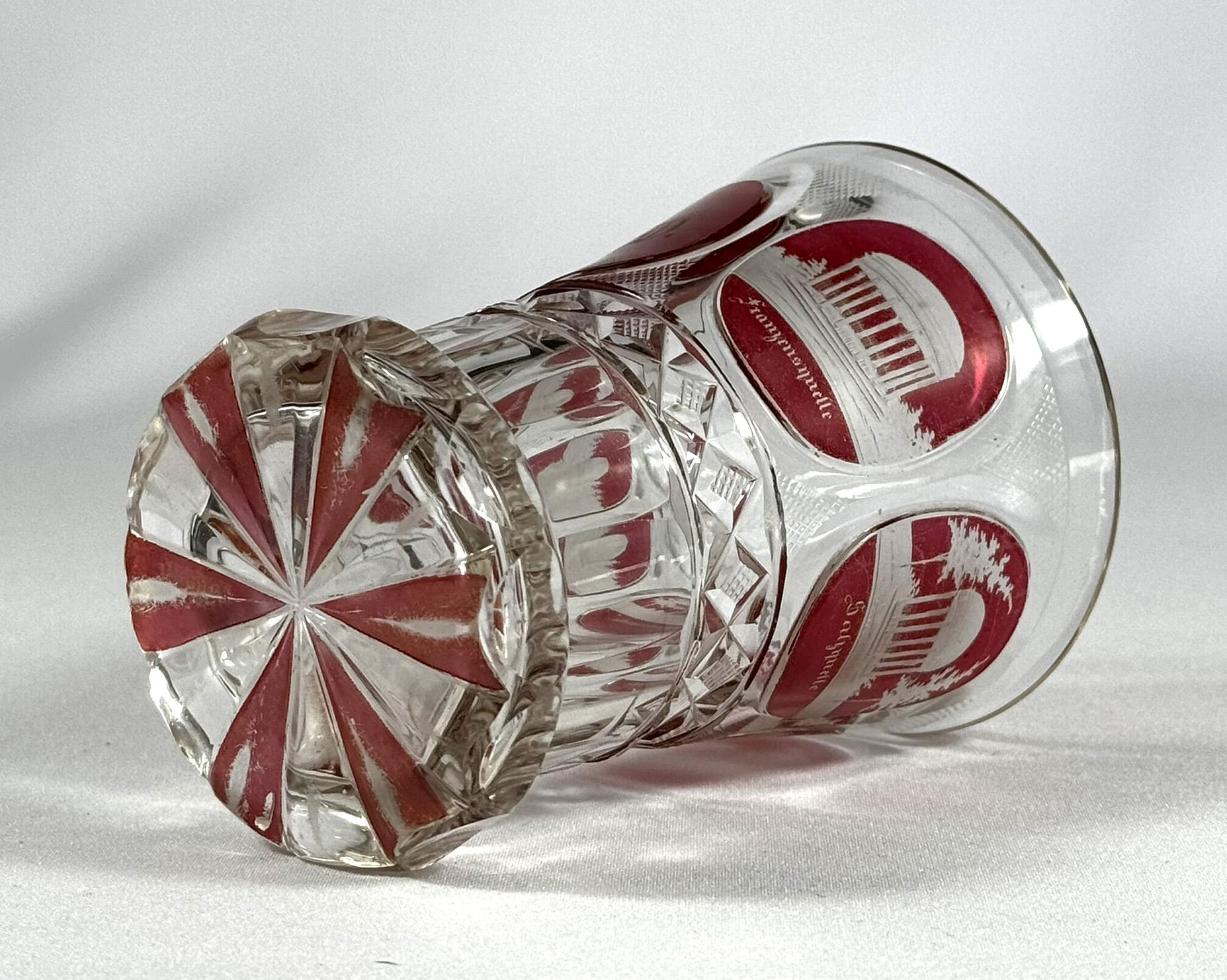 Cut Glasses Red lazure with engraving of 19th century architect - Francis' Spa For Sale 5