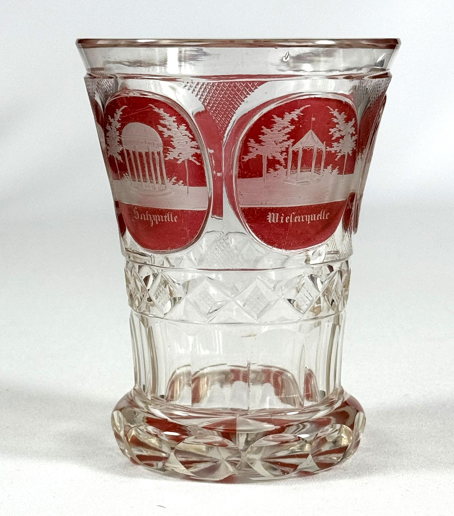 Hand-Crafted Cut Glasses Red lazure with engraving of 19th century architect - Francis' Spa For Sale