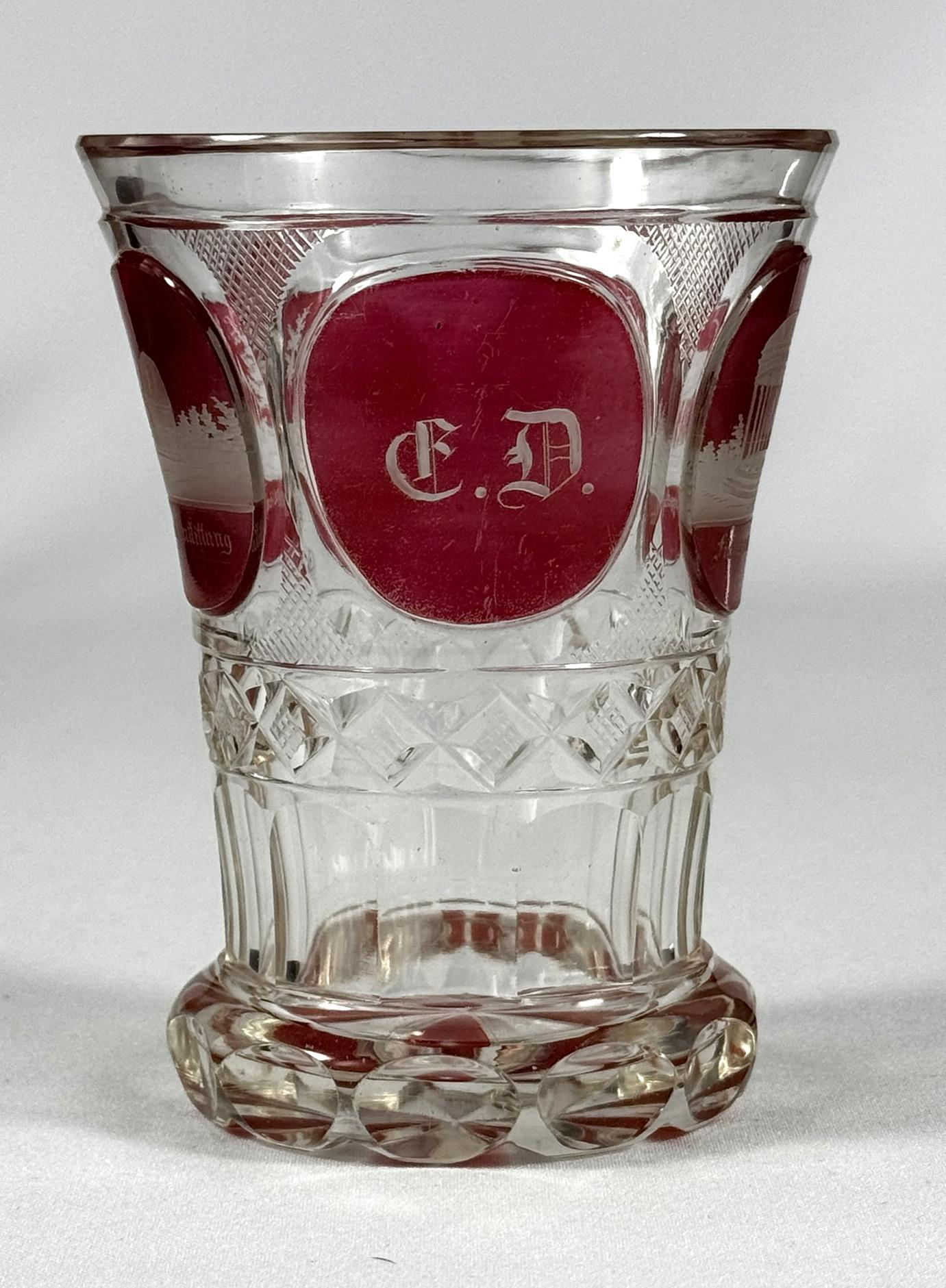 19th Century Cut Glasses Red lazure with engraving of 19th century architect - Francis' Spa For Sale