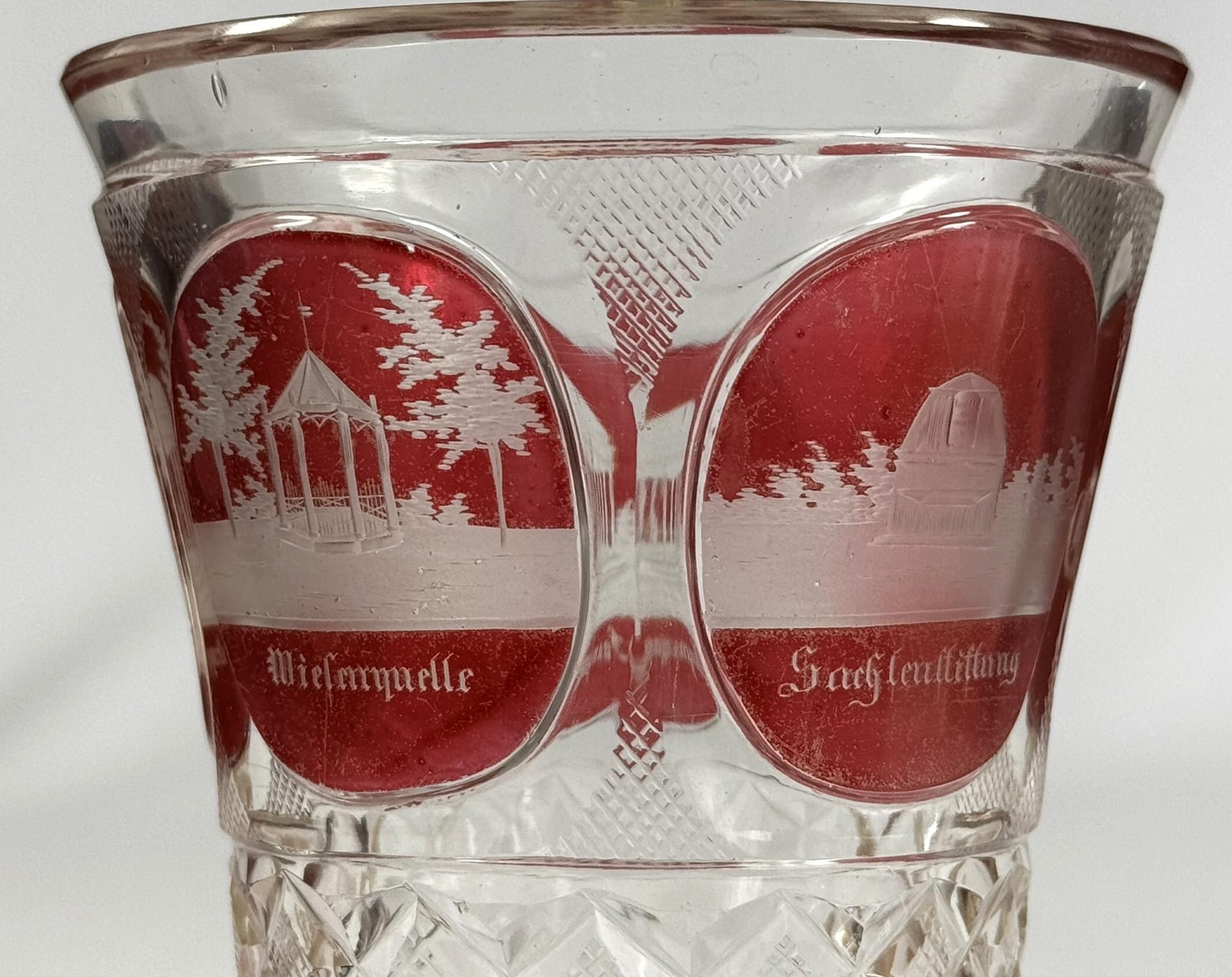 Cut Glasses Red lazure with engraving of 19th century architect - Francis' Spa For Sale 1