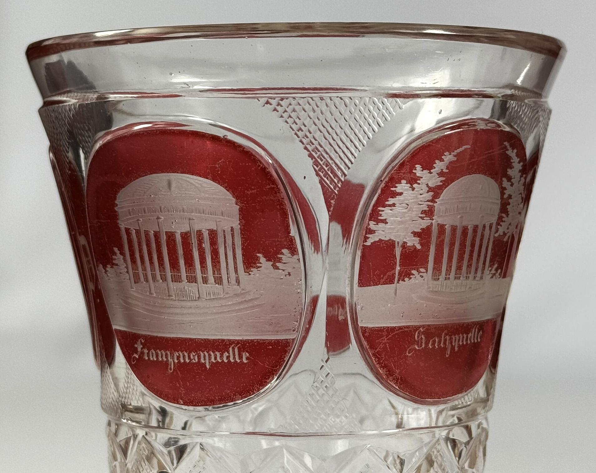 Cut Glasses Red lazure with engraving of 19th century architect - Francis' Spa For Sale 2