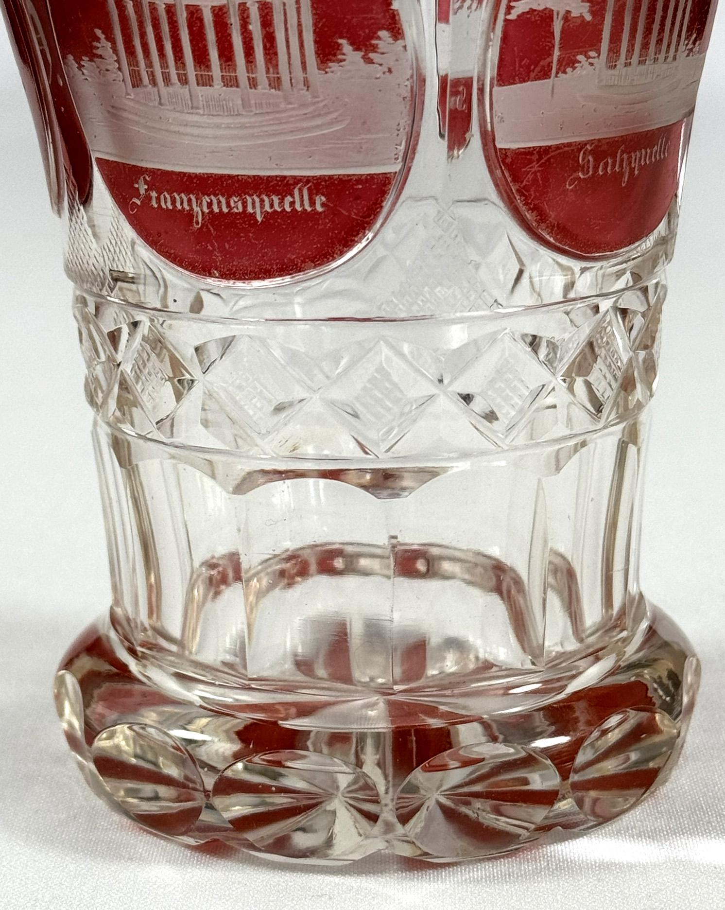 Cut Glasses Red lazure with engraving of 19th century architect - Francis' Spa For Sale 3