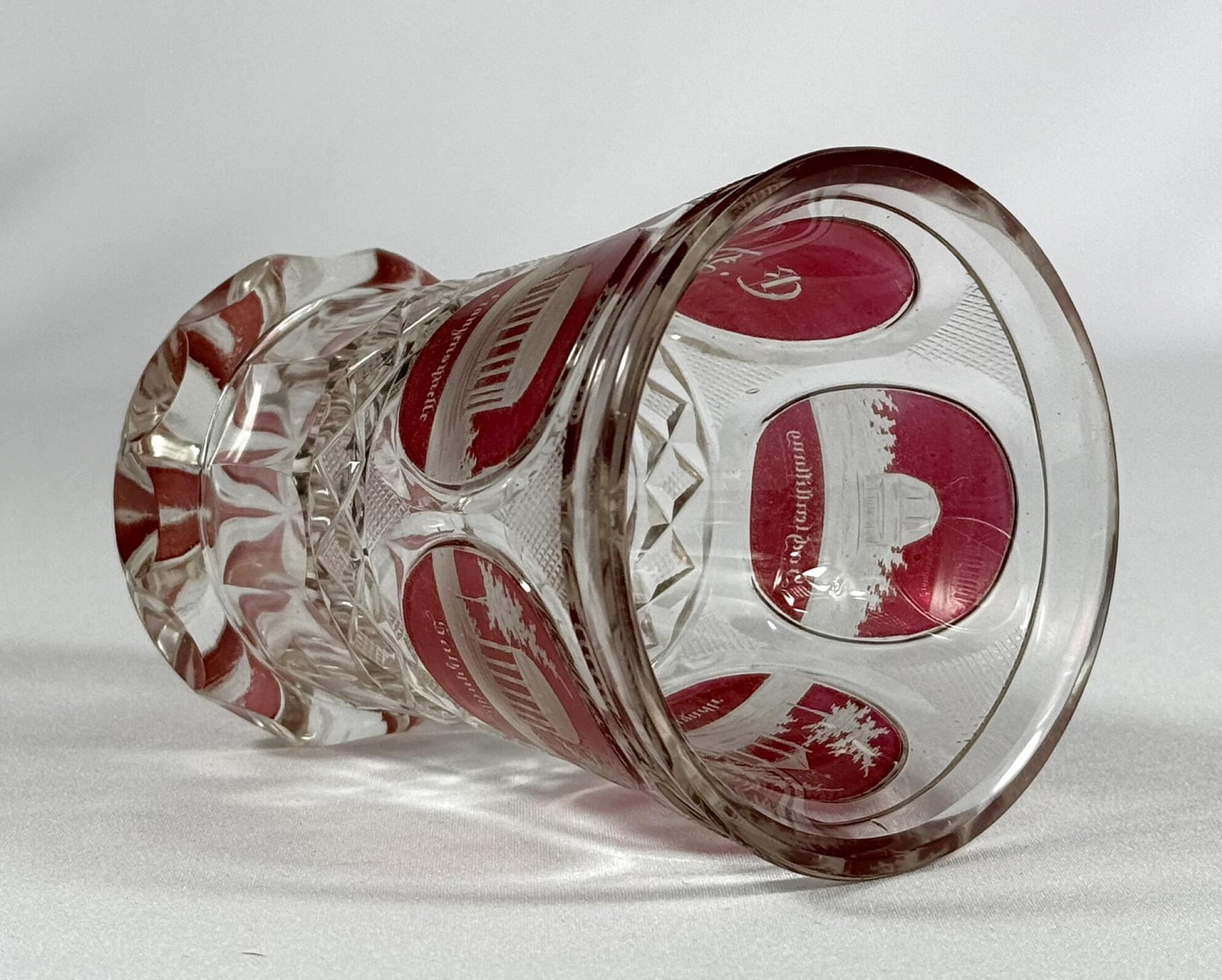 Cut Glasses Red lazure with engraving of 19th century architect - Francis' Spa For Sale 4