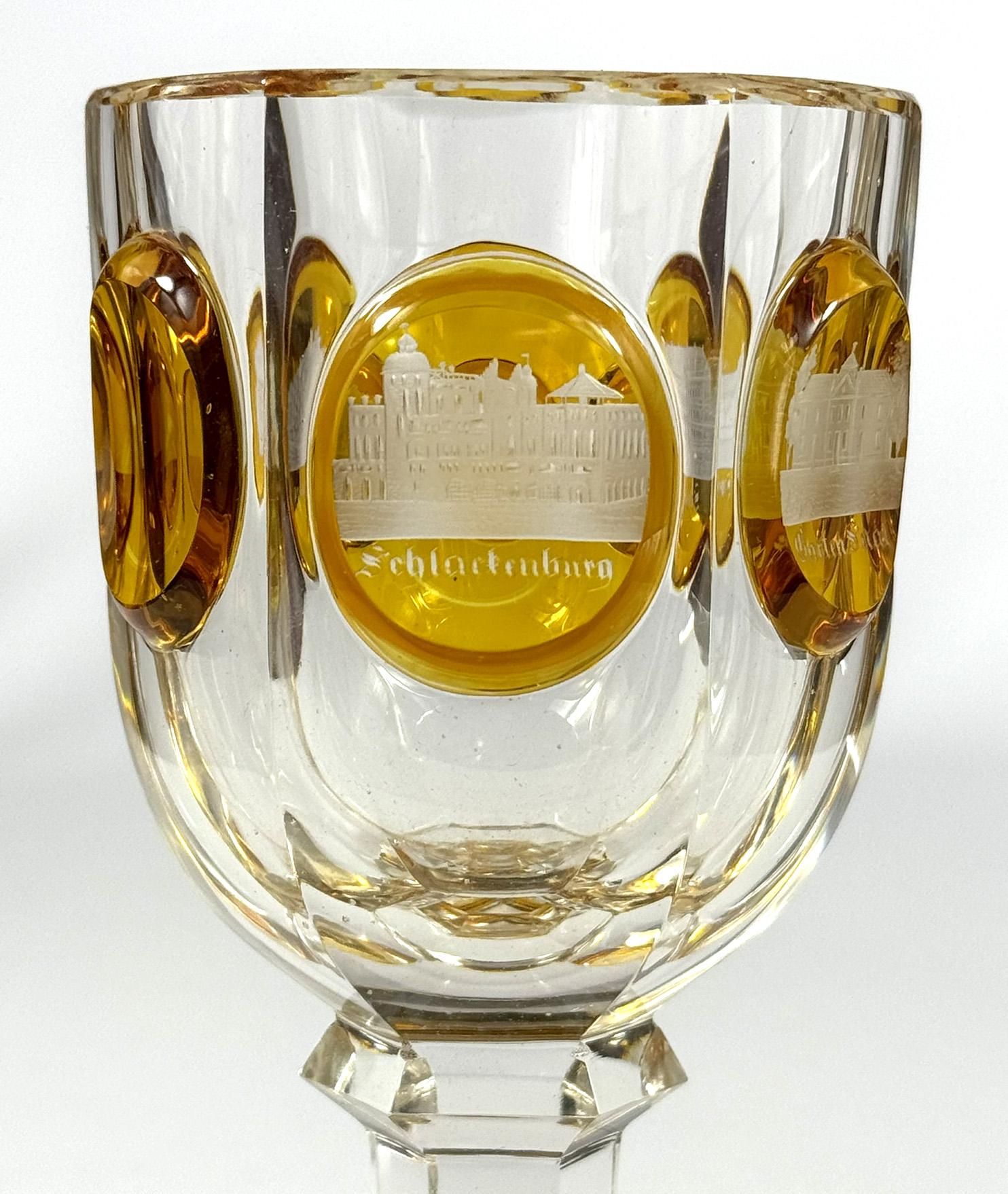 Hand-Crafted Cut Goblet with Engraving of 19th century architecture Teplice For Sale