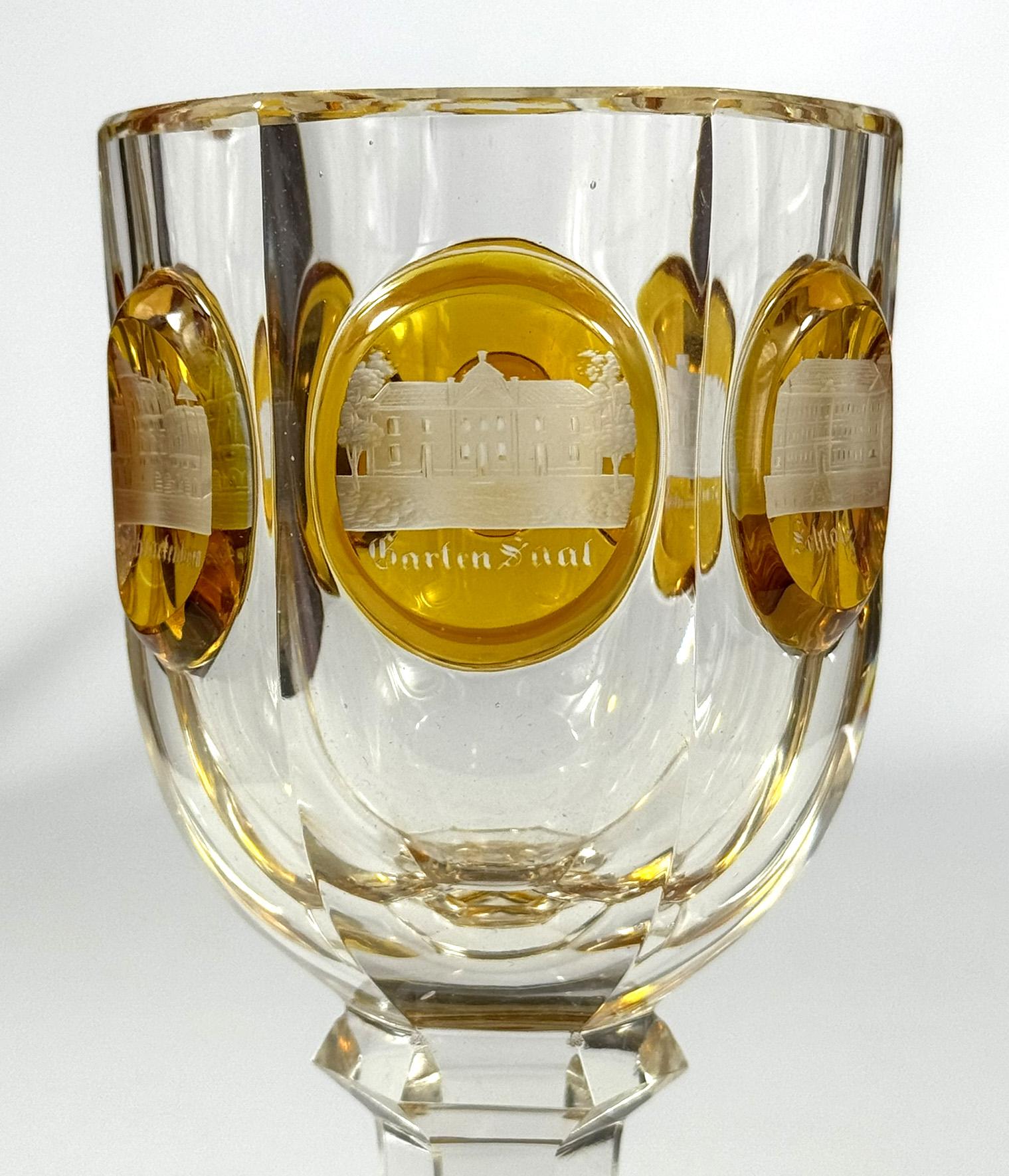 Cut Goblet with Engraving of 19th century architecture Teplice In Good Condition For Sale In Nový Bor, CZ