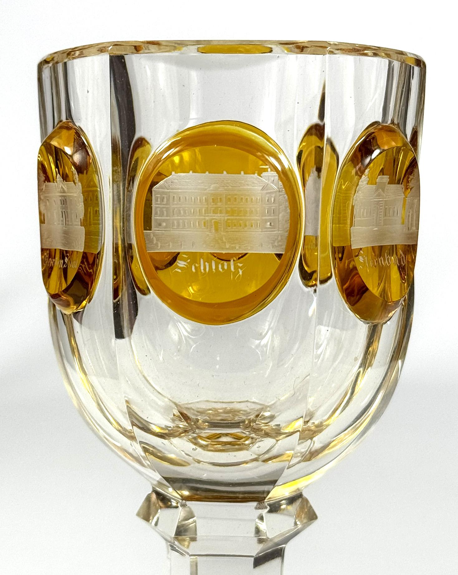 19th Century Cut Goblet with Engraving of 19th century architecture Teplice For Sale