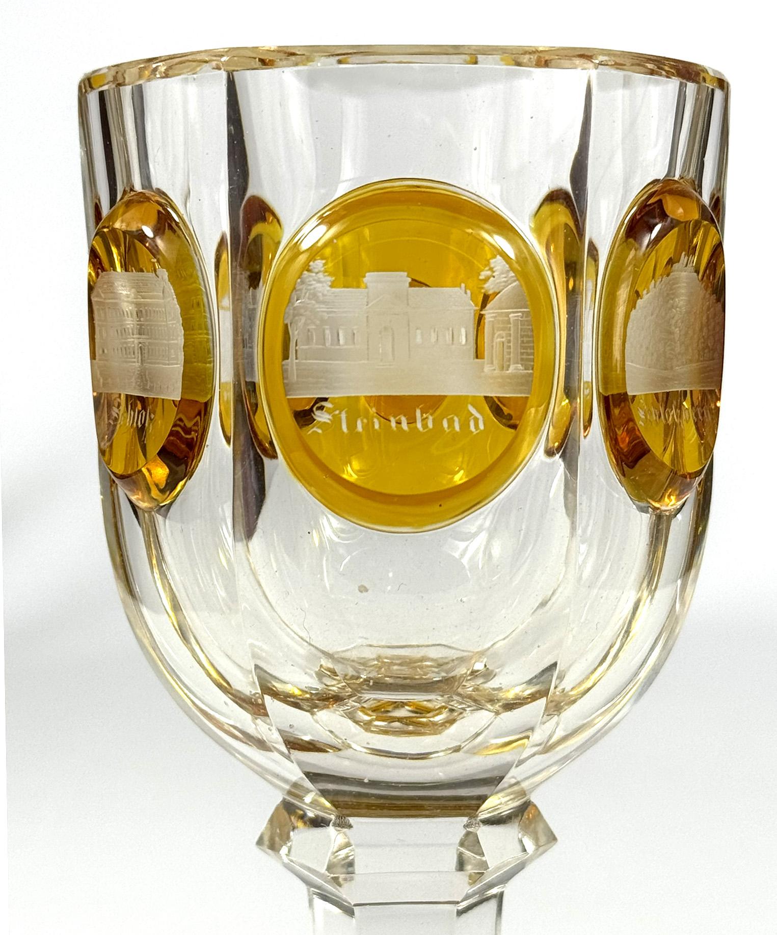 Glass Cut Goblet with Engraving of 19th century architecture Teplice For Sale