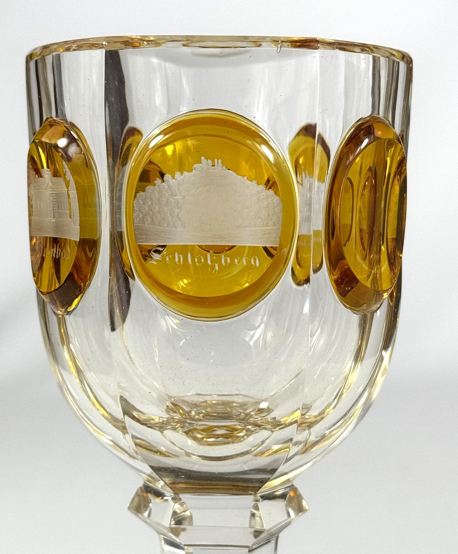 Cut Goblet with Engraving of 19th century architecture Teplice For Sale 1
