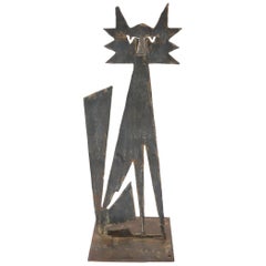 Vintage Cut Metal Brutalist Modern Abstract Standing Sculpture of a Cat