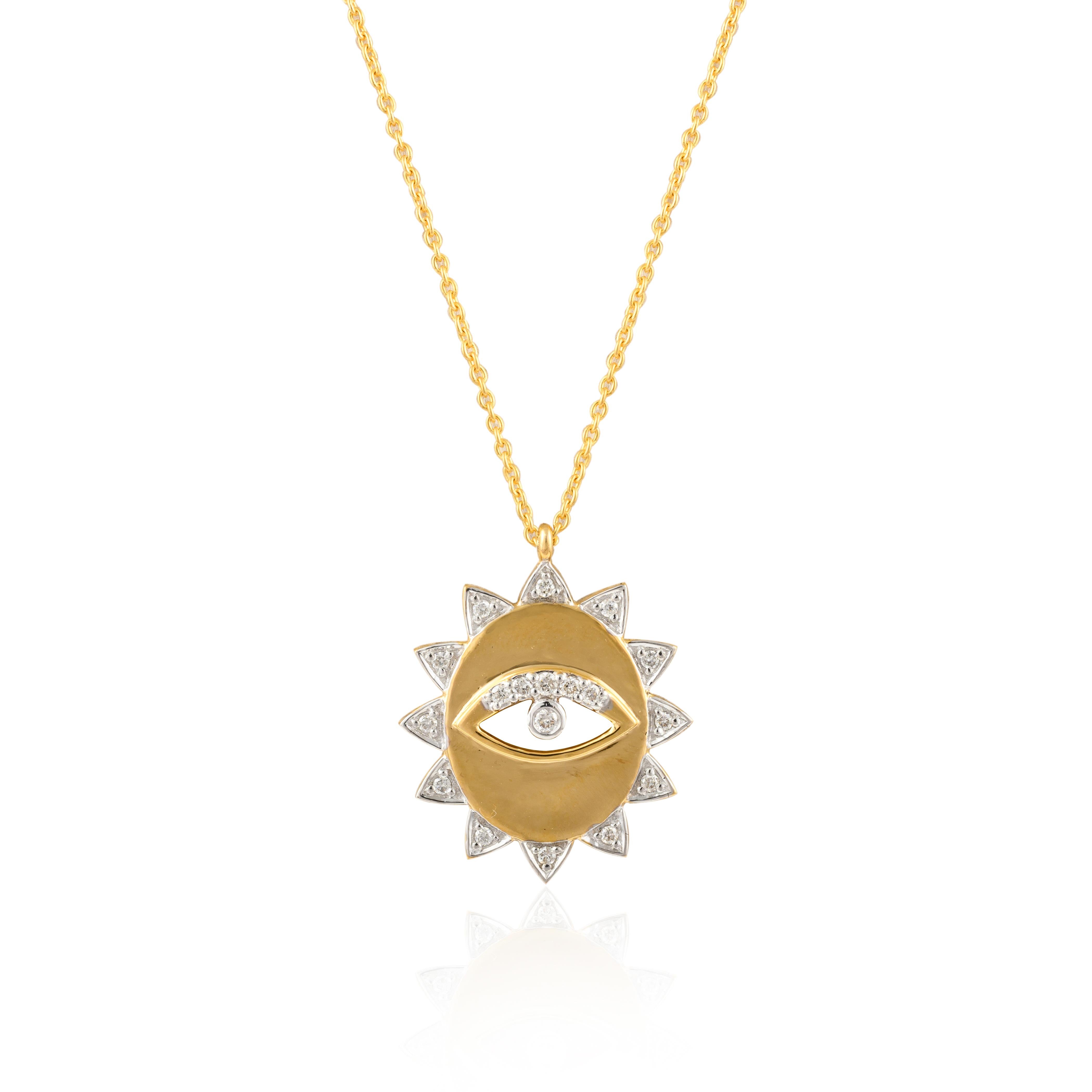 Taille ronde Collier médaillon Evil Eye en or jaune massif 18 carats, cadeau de Noël en vente