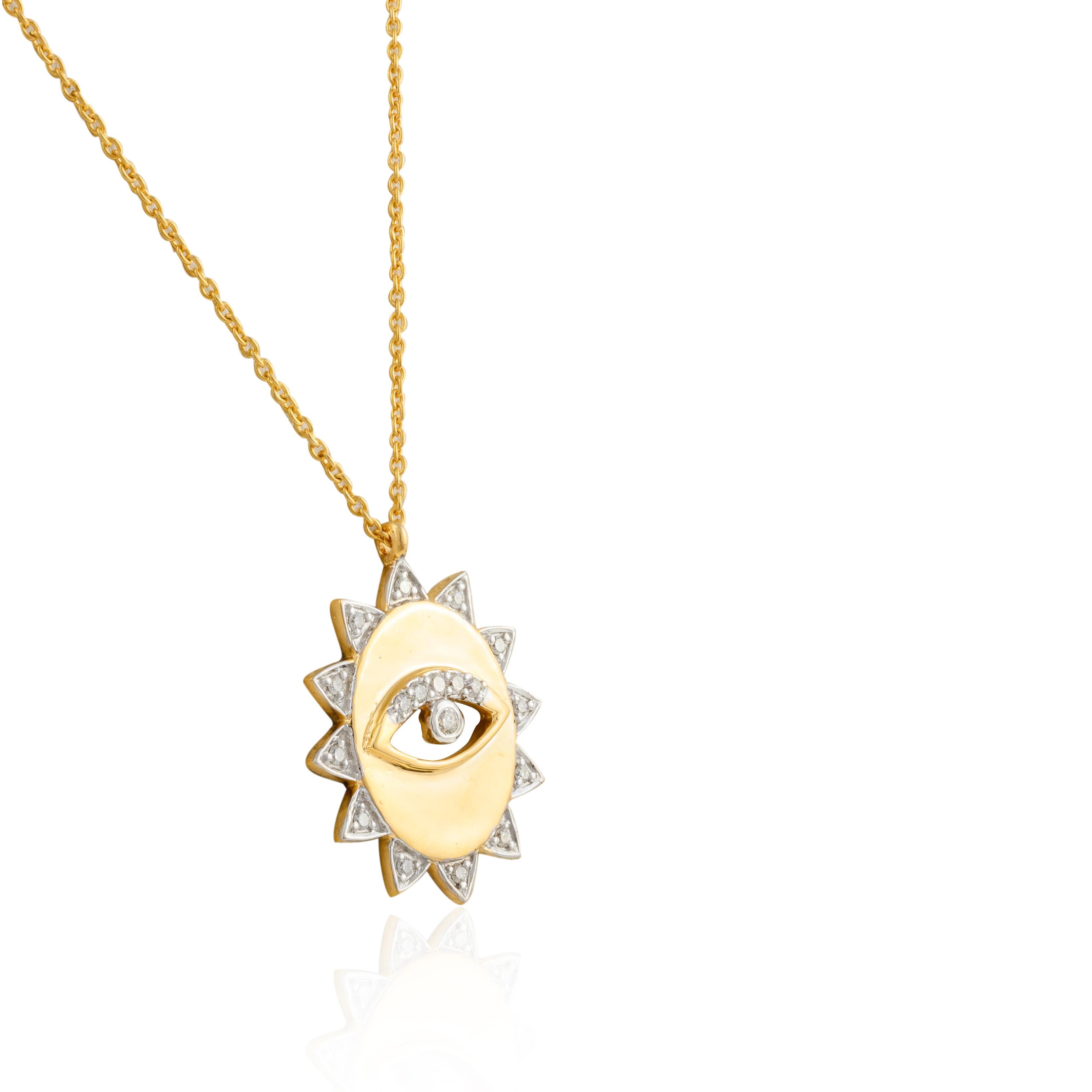 Collier médaillon Evil Eye en or jaune massif 18 carats, cadeau de Noël Pour femmes en vente