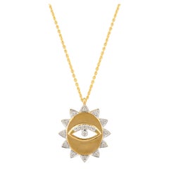 Evil Eye Medallion Diamond Necklace 18k Solid Yellow Gold, Gift For Christmas