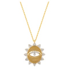 Evil Eye Medallion Diamond Necklace 18k Solid Yellow Gold, Gift For Christmas