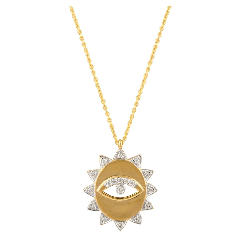 Evil Eye Medallion Diamond Necklace 18k Solid Yellow Gold, Gift