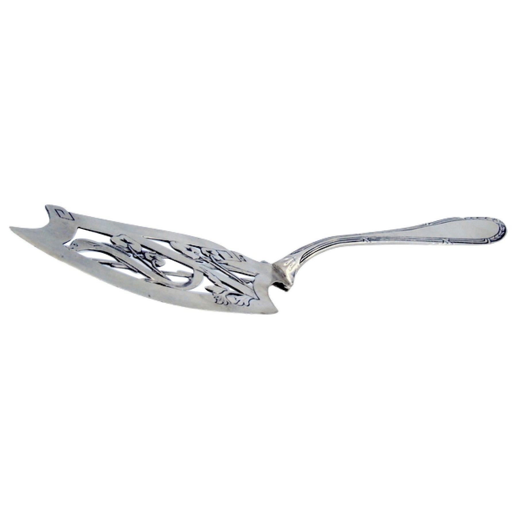 Cut-out silver cake spatula with floral motifs, snake and beaded handle