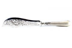 Cut-out silver fish knife with guilloche handle and monogram card