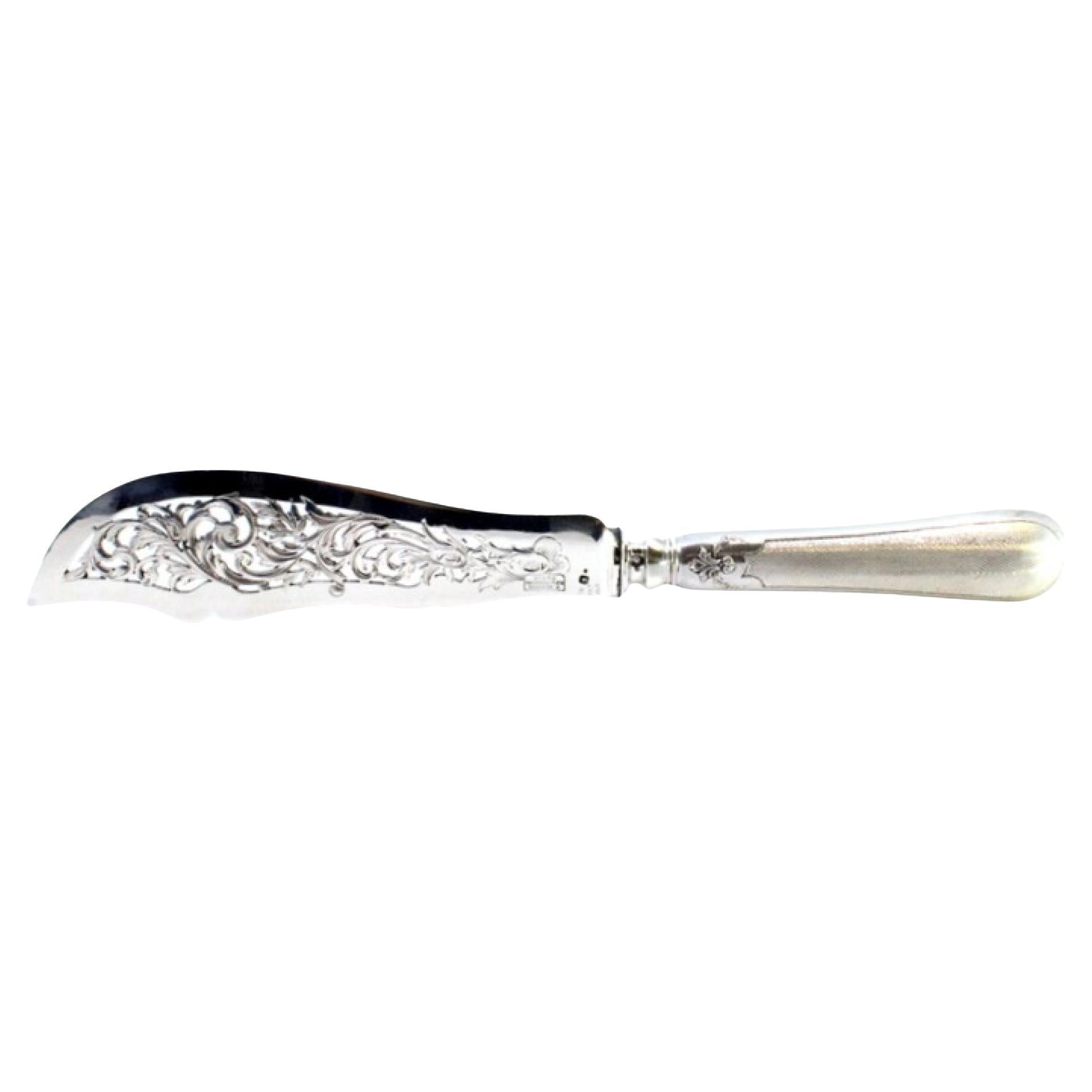Cut-out silver fish knife with guilloche handle and monogram card
