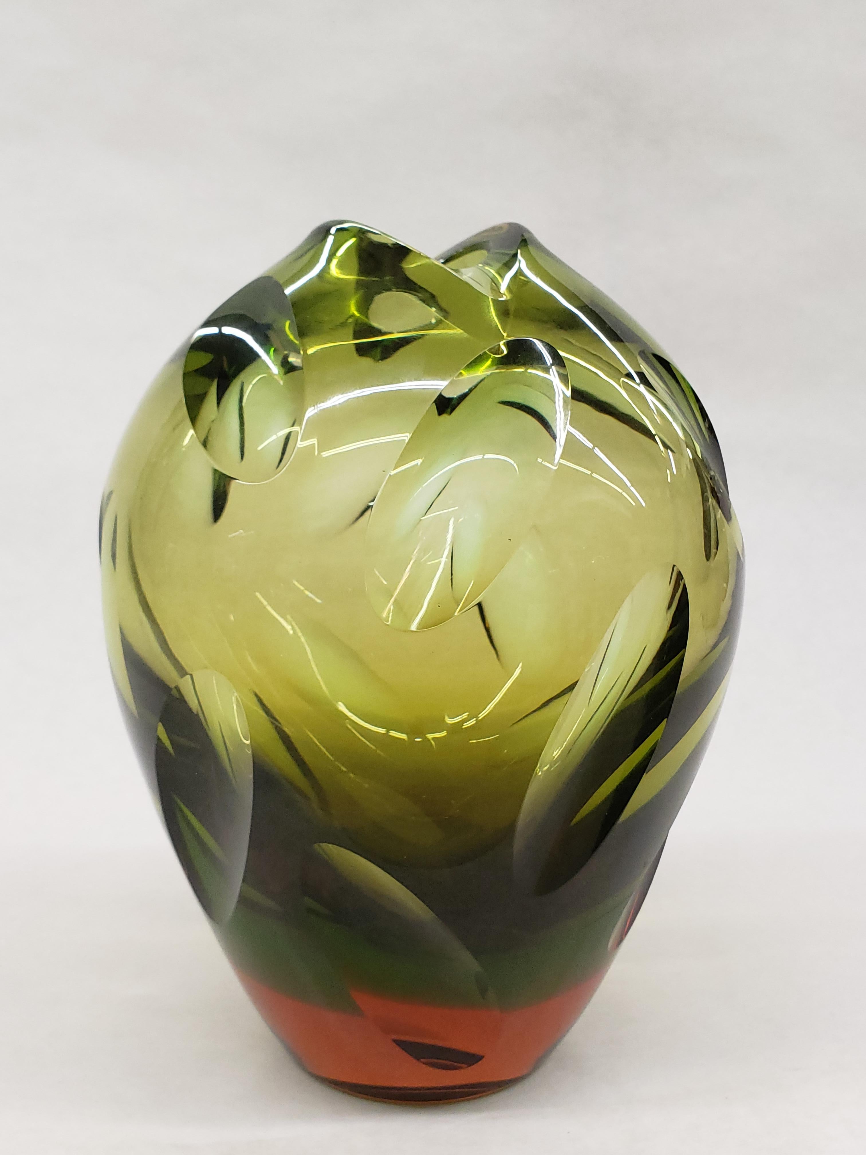 Art Glass Cut Sommerso Glass Vase by Flavio Poli, Murano