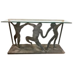 Cut Steel Figurative Console Table: Dancing Figures with Beveled Glass Top