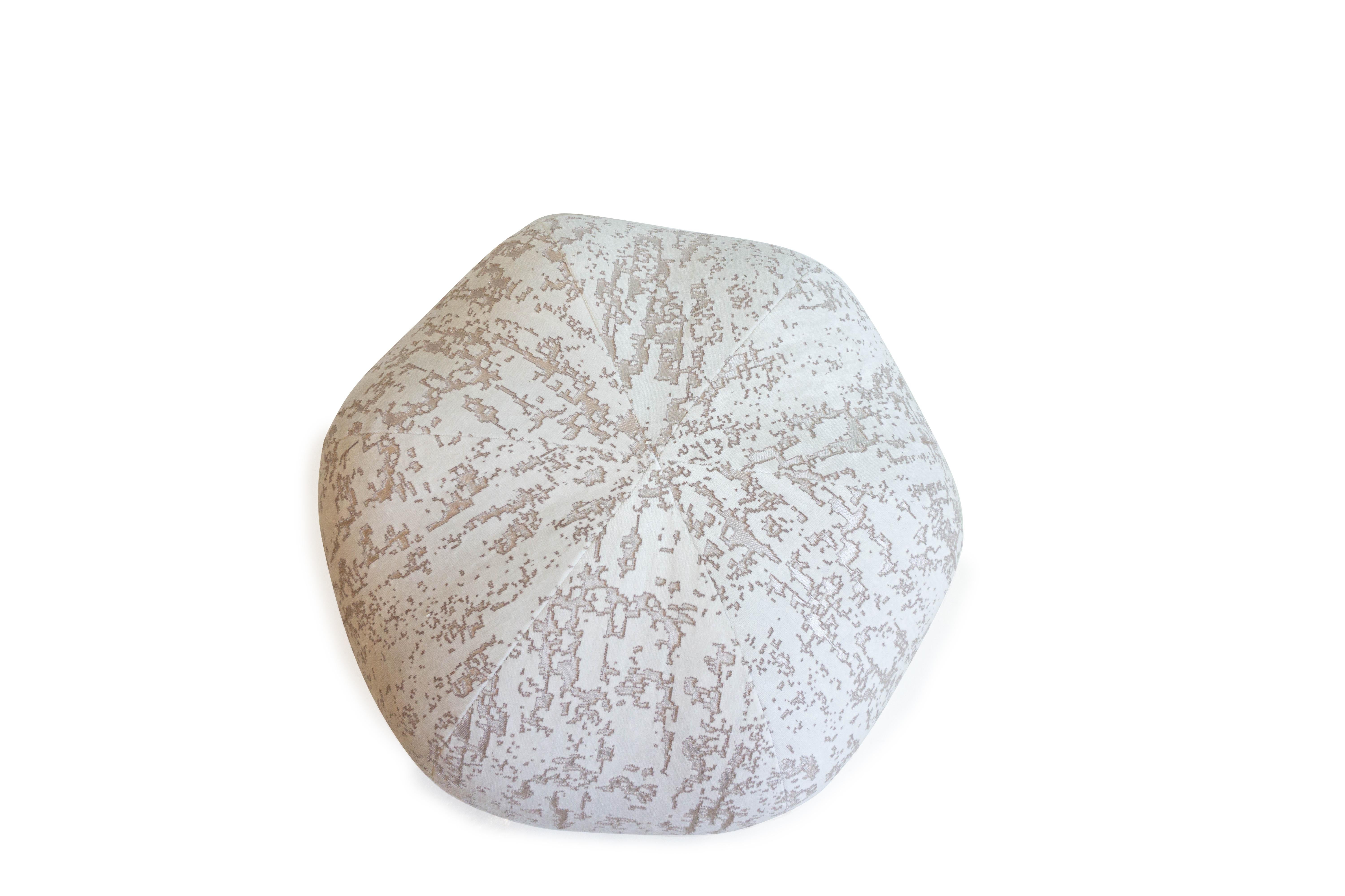 Our small pouf can be used as a seat or an ottoman. Shown in Zinc Grimaldi Moonbeam. Made in our studio in Norwalk, CT. 

Measurements:
Overall: 21”Dia. x 15”H

Price As Shown: $1,200 each
COM Price: $700 each
Customization may change the