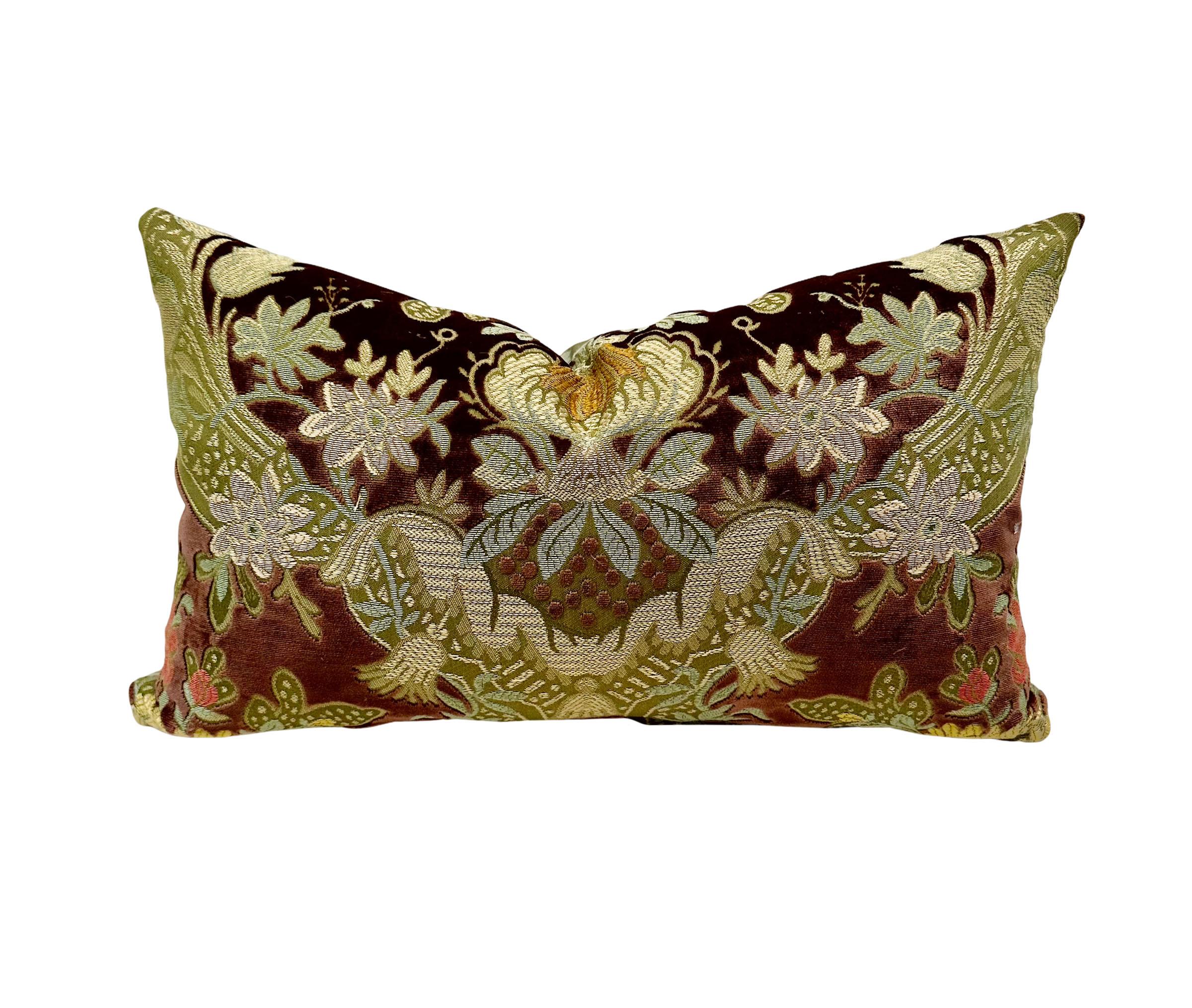 Old World Weavers cut velvet pillow from the 1960s. Stuffed with down and has a zipper for easy cleaning. 