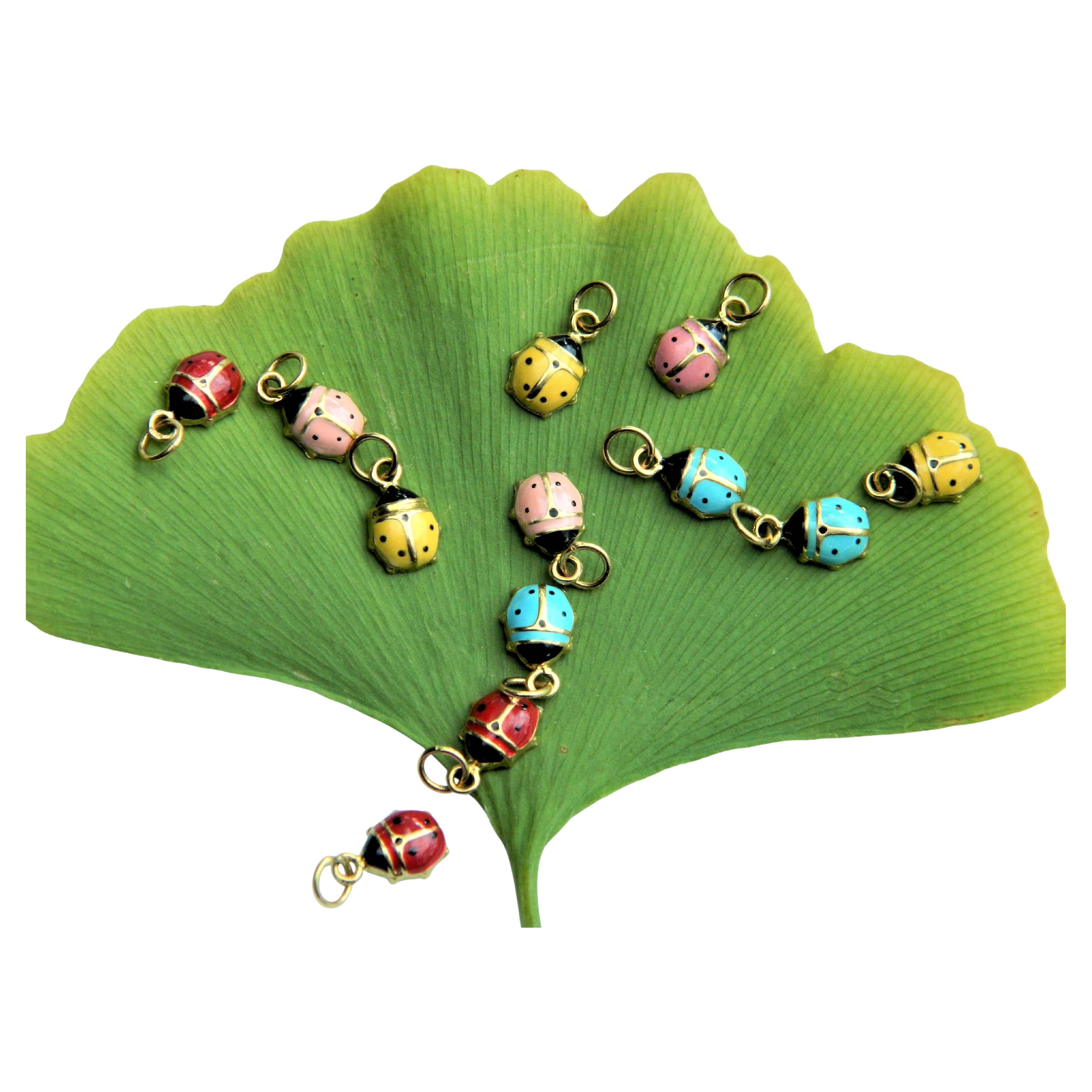 Cute 18K Gold Enameled Charms Made in France in Red, Yellow, Pink and Blue For Sale