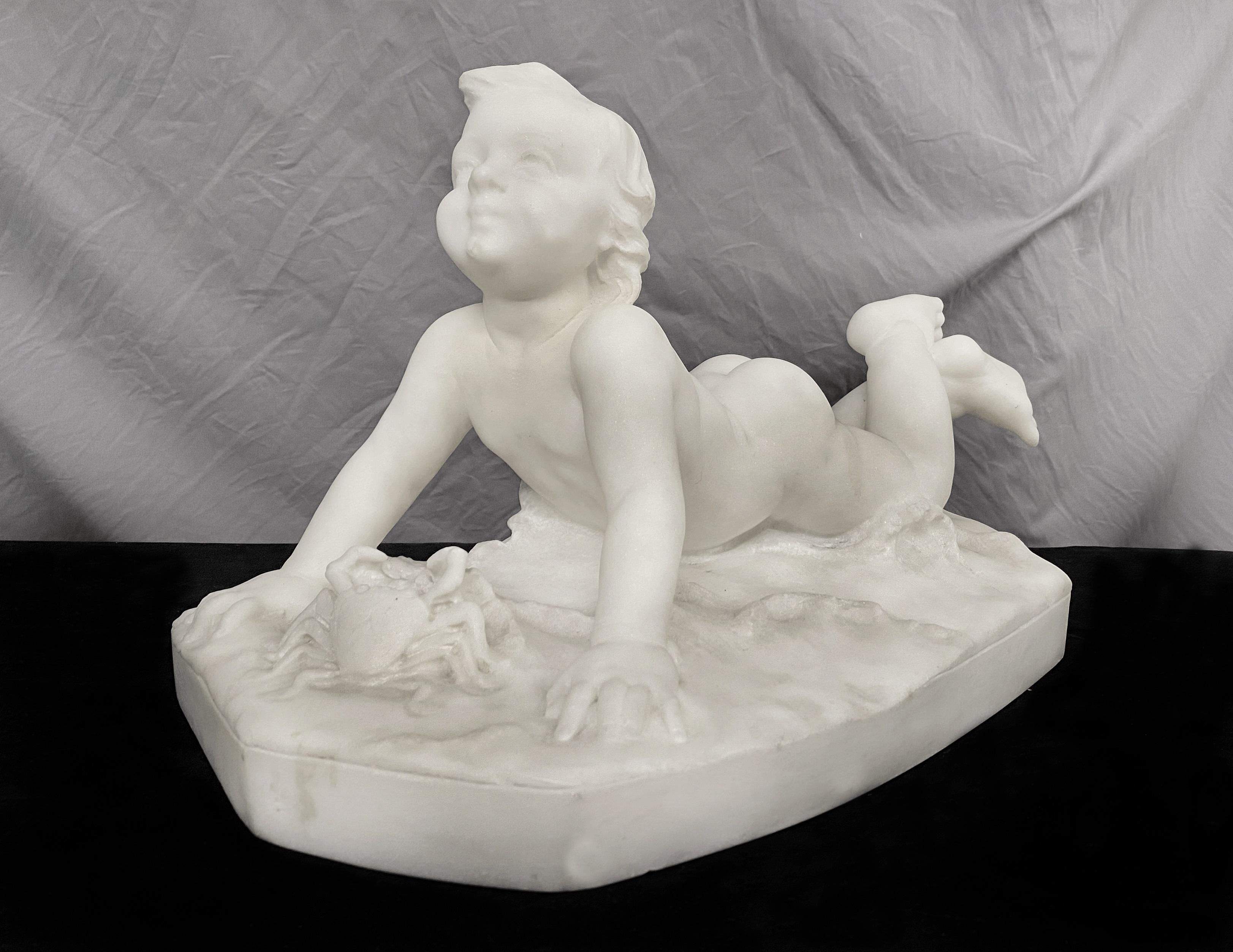 A Cute Late 19th Century Italian White Carrara Marble of a Baby at the Beach by Guglielmo Pugi

The marble depicting a crawling baby playing at the beach, with a crab.

Inscribed Pugi

Guglielmo Pugi (Italian 1850-1915) is known for his genre