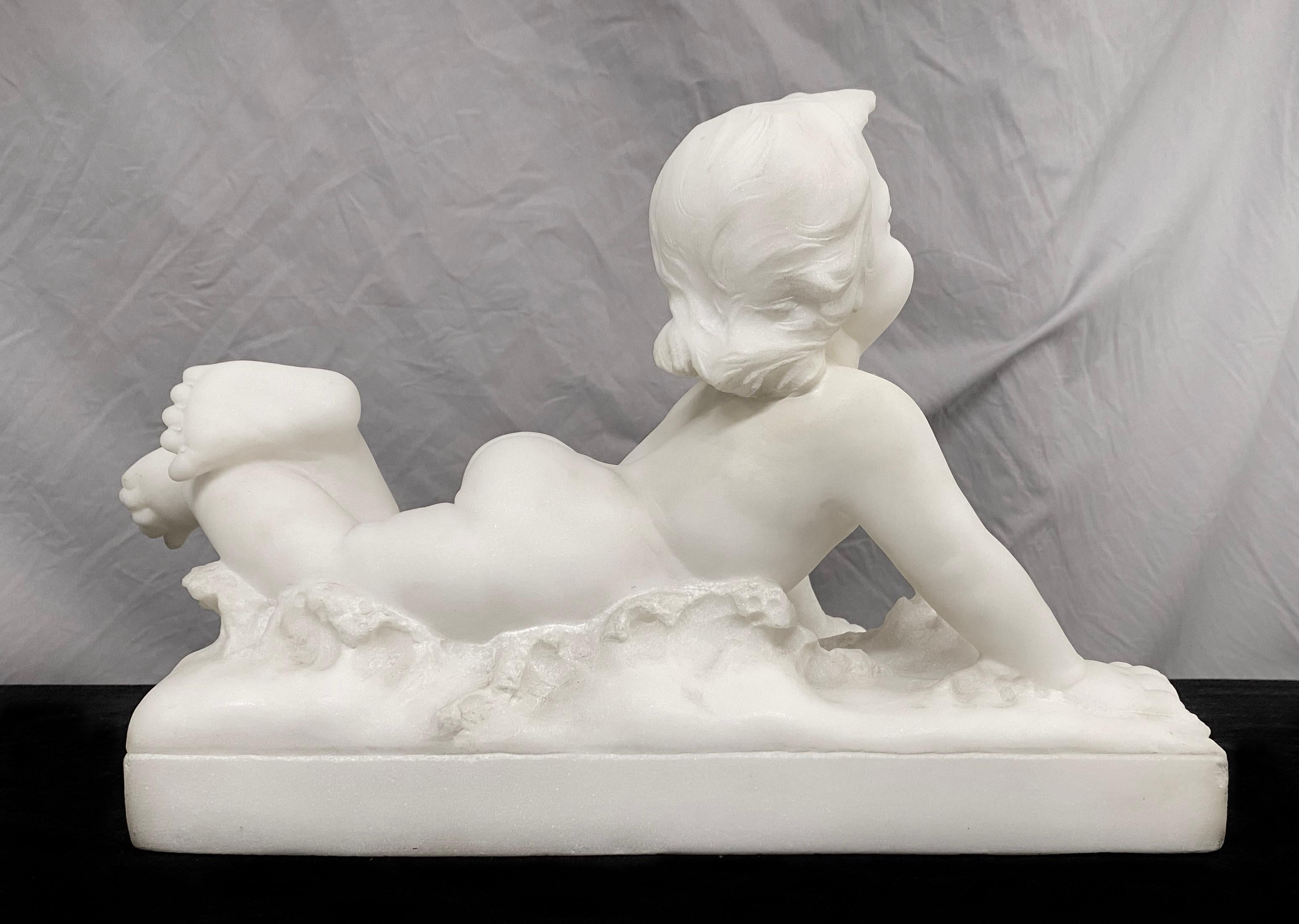 Hand-Carved Cute 19th Century Italian White Carrara Marble of a Baby at the Beach by Pugi For Sale