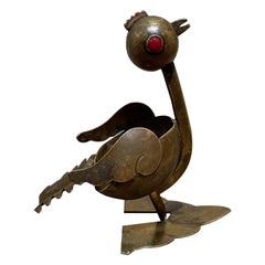 Cute Big BIRD Brass Ashtray + Red Stone Eye Los Castillo 1960s Mexico Vintage
