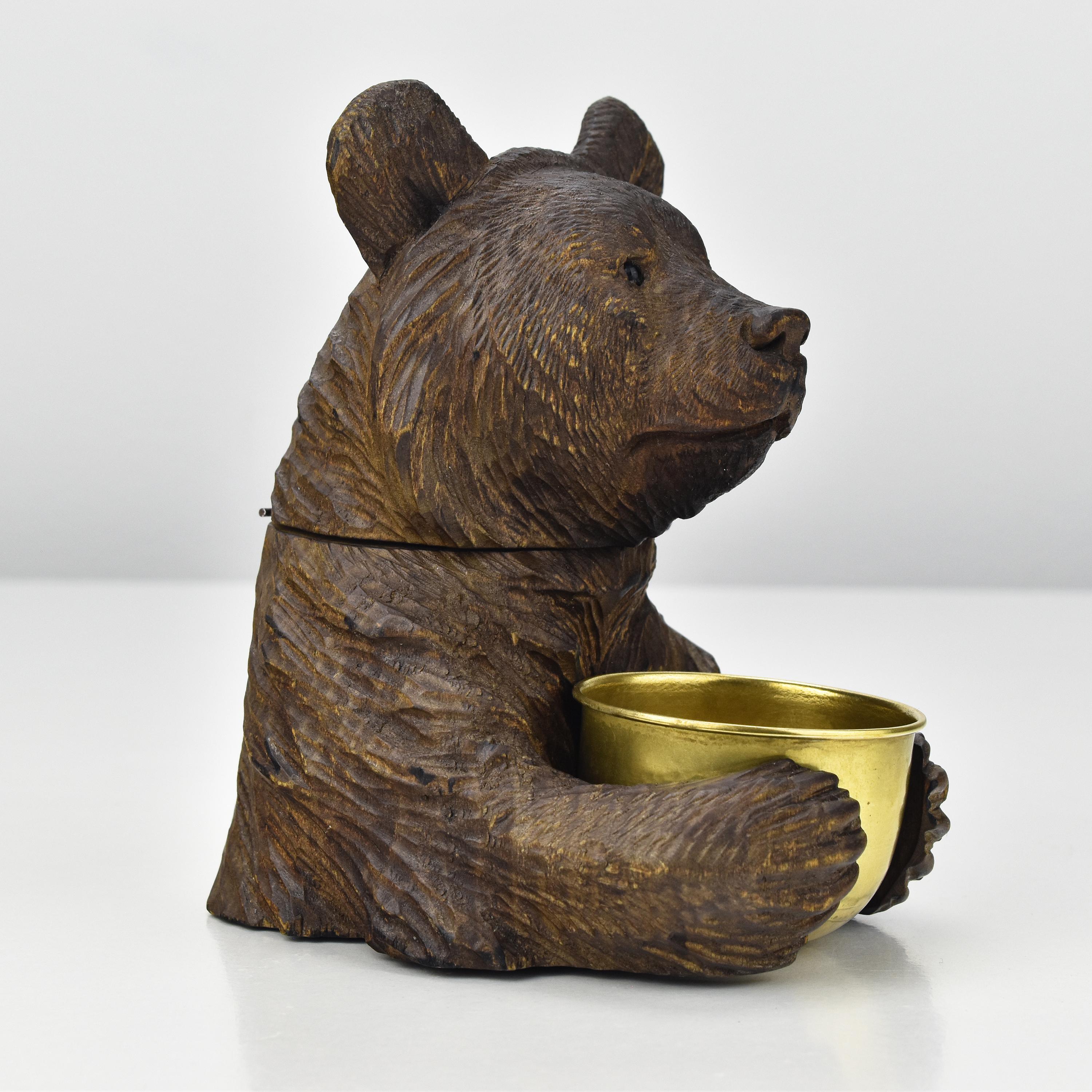 Hand-Crafted Cute Black Forest Carved Wood Bear Match Box Holder with Ashtray Brienz For Sale
