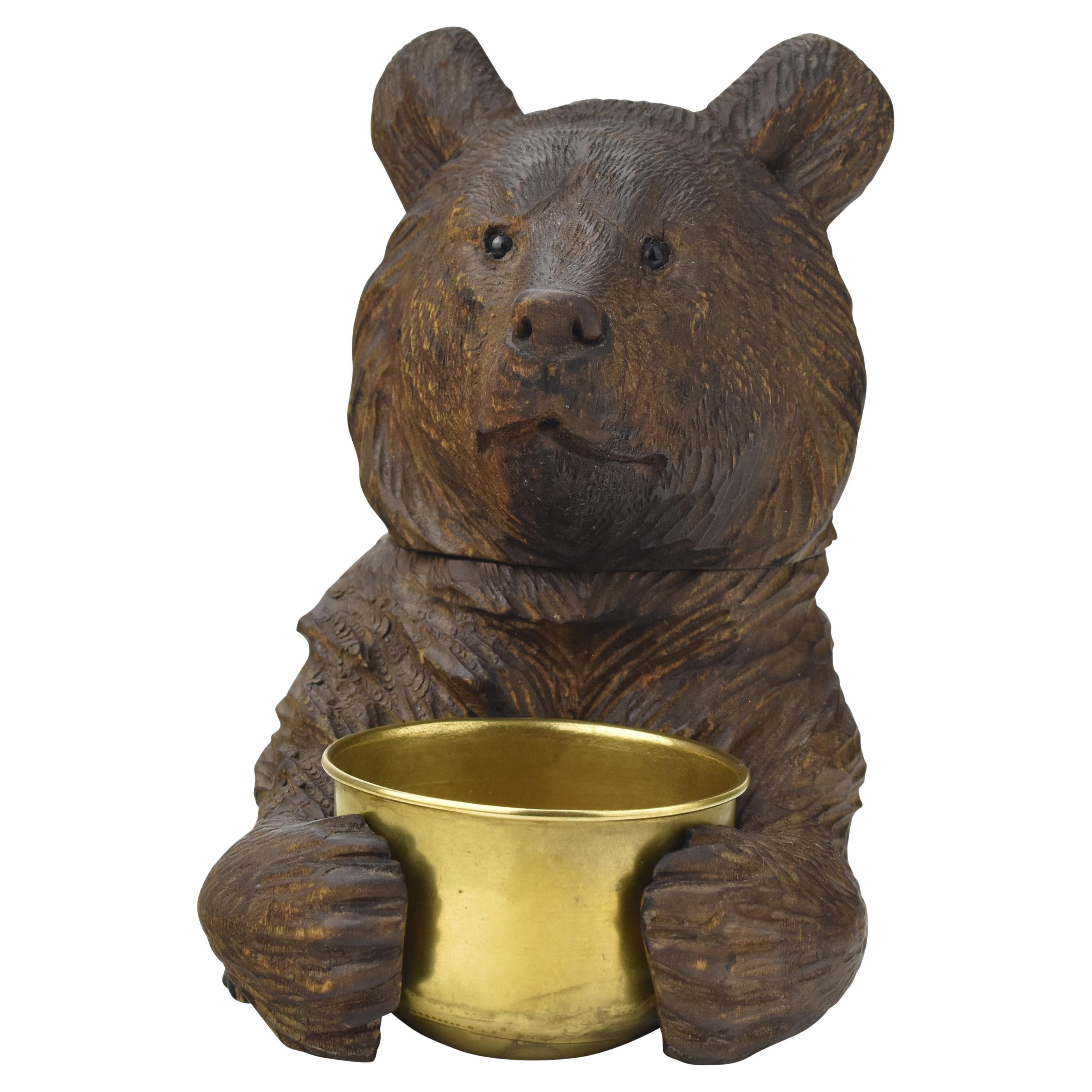 Cute Black Forest Carved Wood Bear Match Box Holder with Ashtray Brienz For Sale