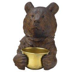 Cute Black Forest Carved Wood Bear Match Box Holder with Ashtray Brienz
