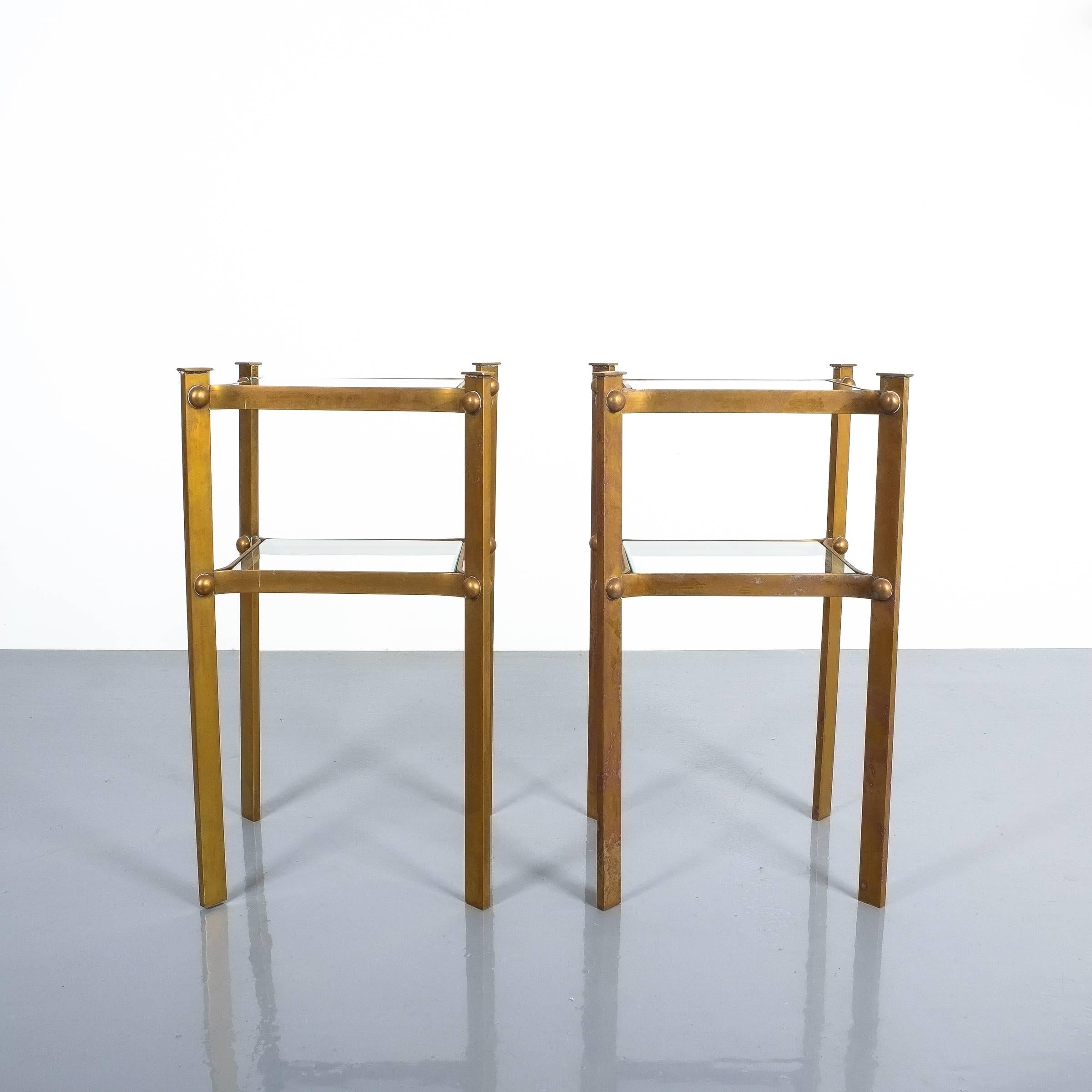 French Cute Brass Side Tables with Glass Tops, France, 1940