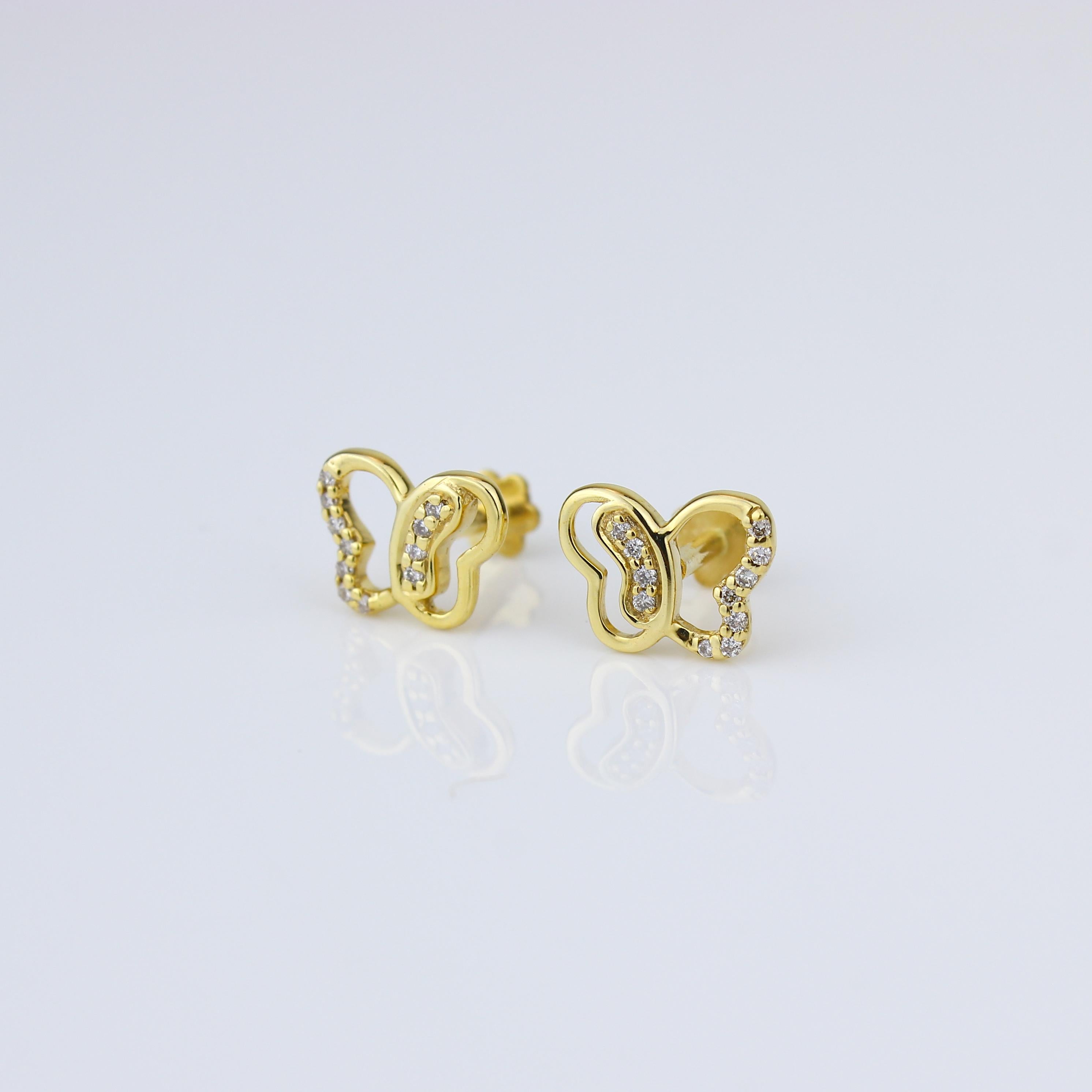 Art Deco Cute Butterfly Diamond Earrings for Girls (Kids/Toddlers) in 18K Solid Gold For Sale