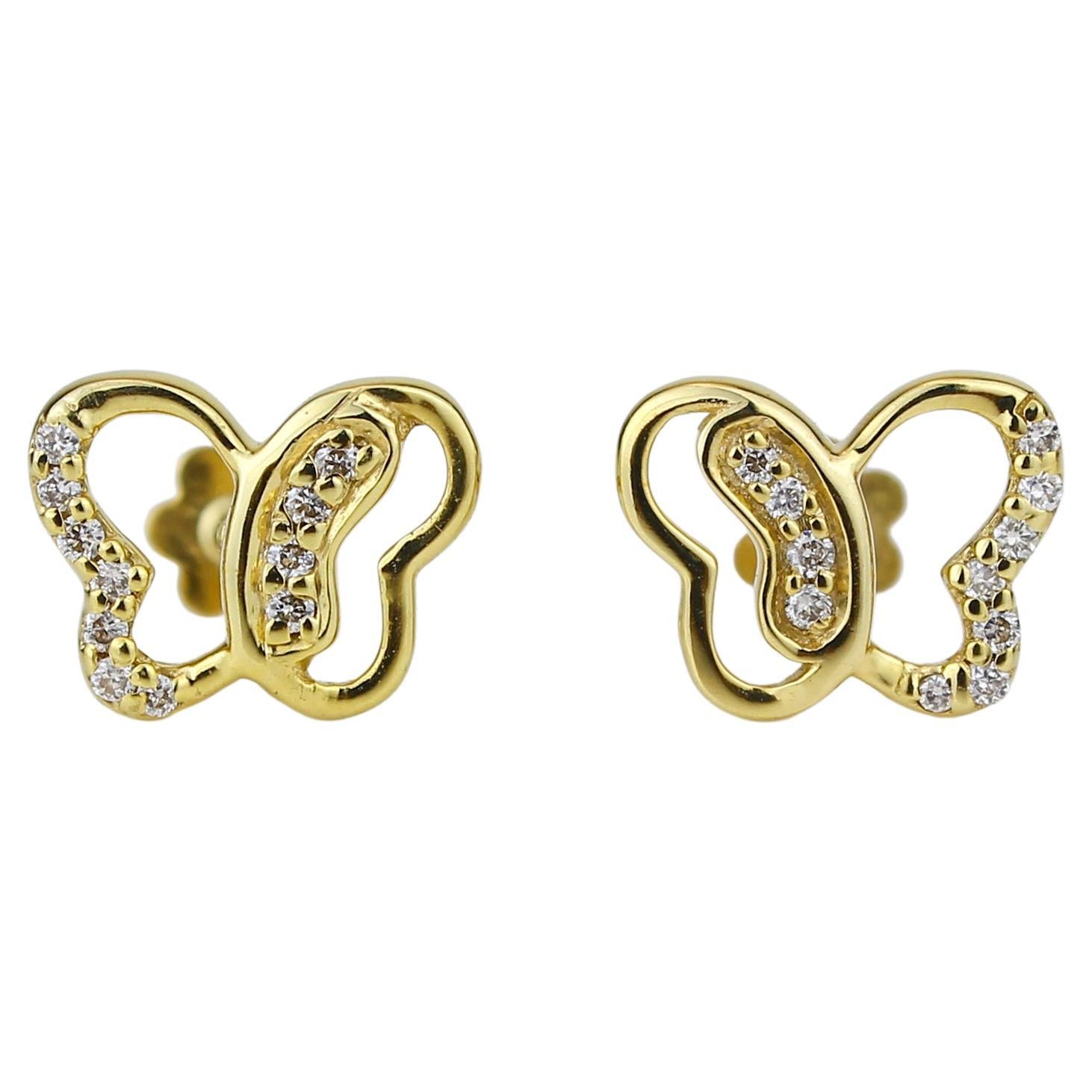 Cute Butterfly Diamond Earrings for Girls (Kids/Toddlers) in 18K Solid Gold For Sale
