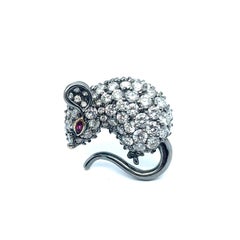 Cute Diamond Mouse Brooch in 18 Karat Blackened White Gold