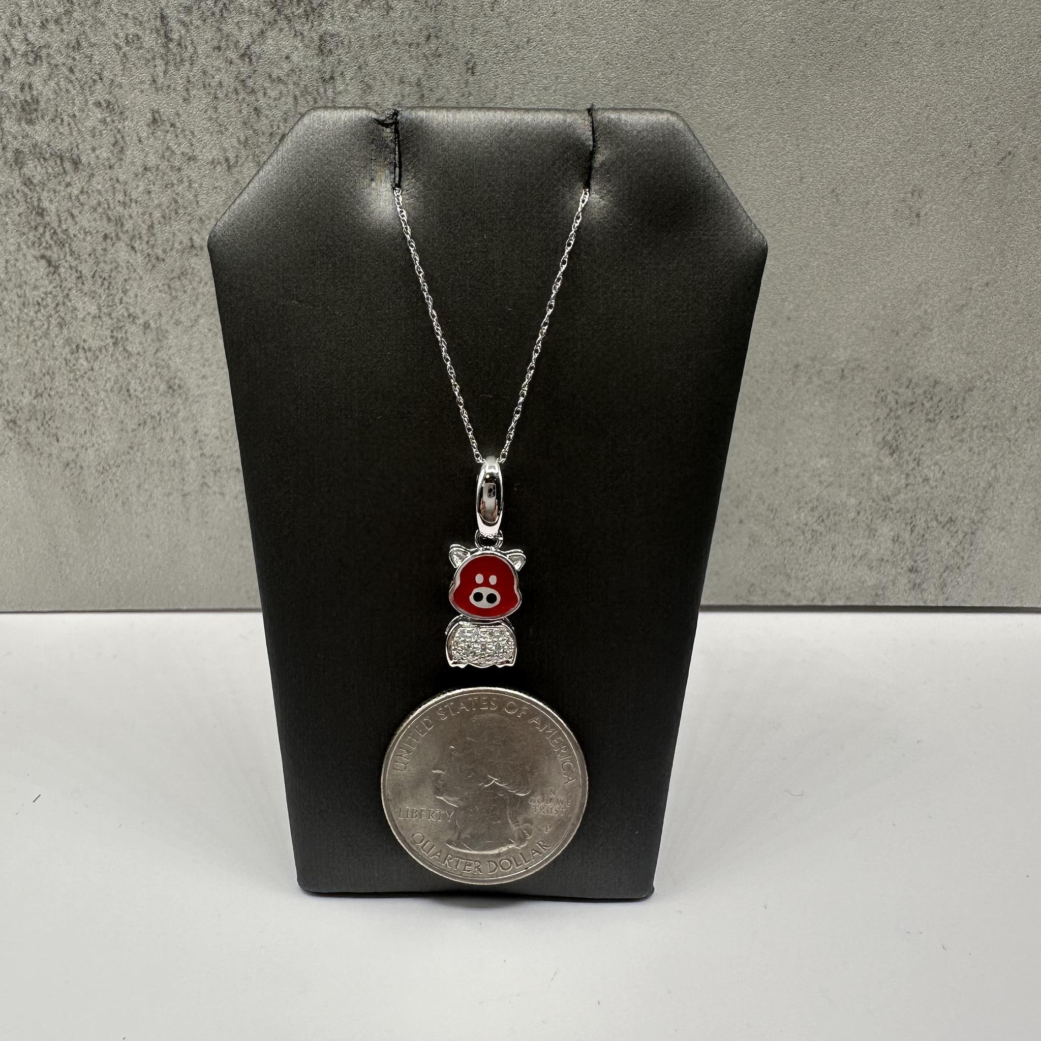 Niedliche Emaille & Diamant Schwein Halskette in 18kt Weißgold - 0,08ctw, 18