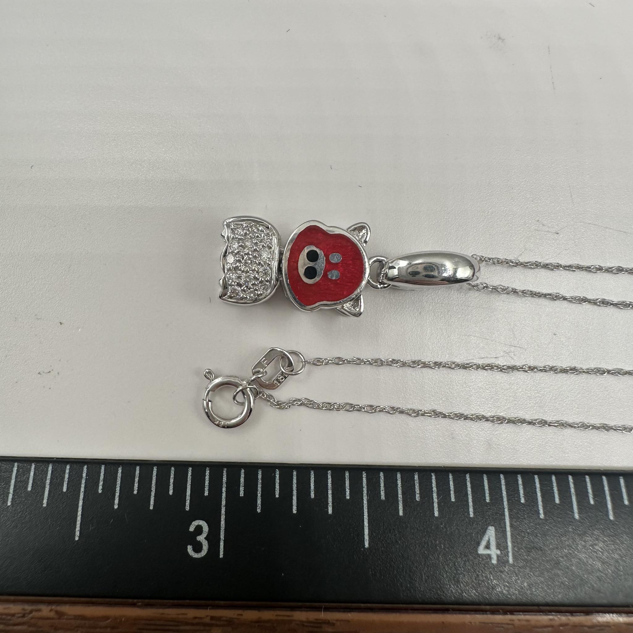 Niedliche Emaille & Diamant Schwein Halskette in 18kt Weißgold - 0,08ctw, 18