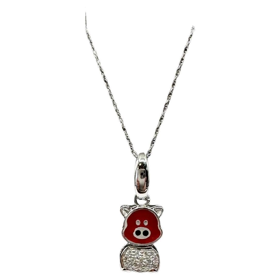 Bonito collar de esmalte y diamantes con forma de cerdo en oro blanco de 18 quilates - 0,08 ctw, 18", Nuevo