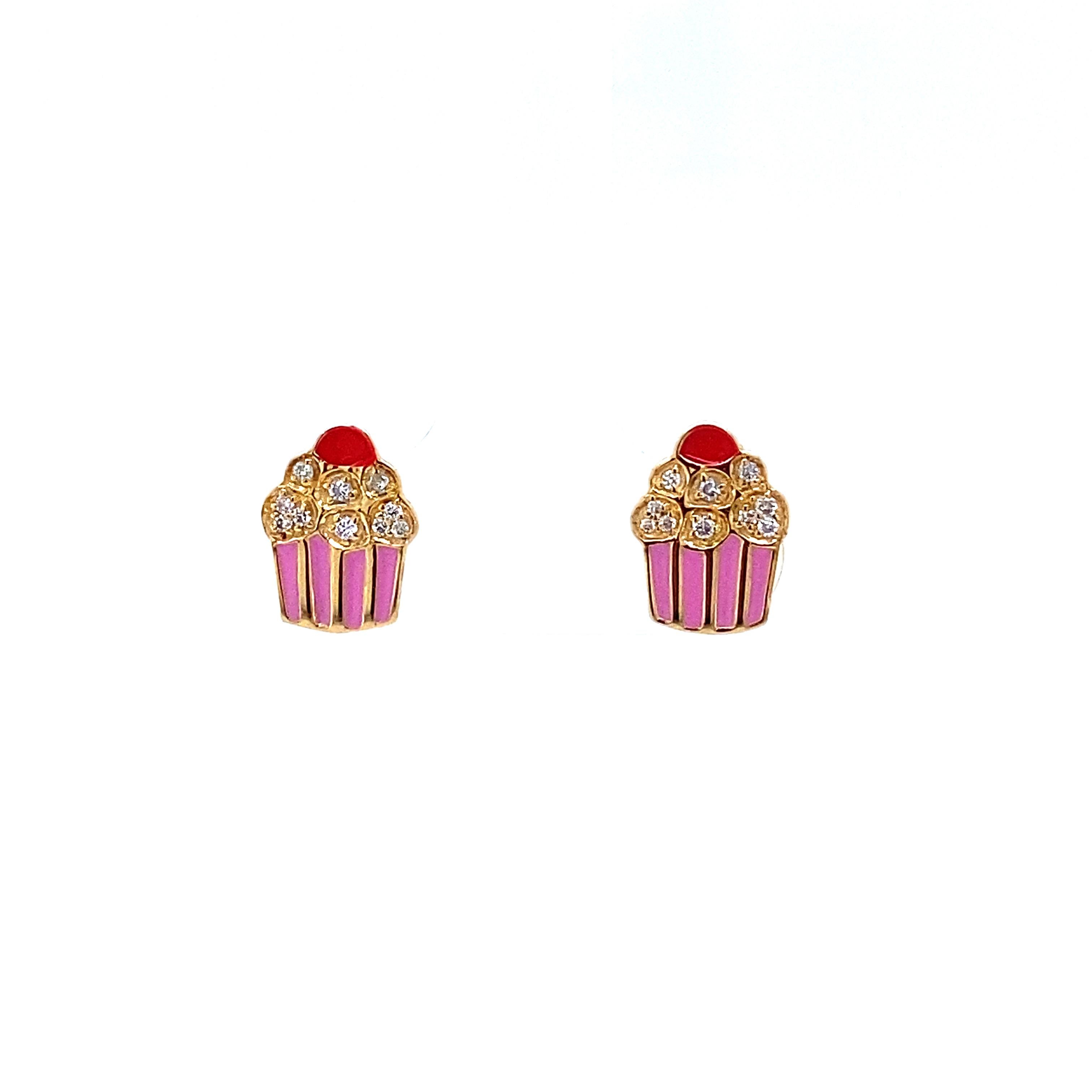
Cute Enameled Cupcake Diamond Earrings in 18K Solid Gold are delightful and playful jewelry pieces designed with young children in mind. These earrings feature an adorable cupcake design with colorful enamel detailing, expertly crafted from