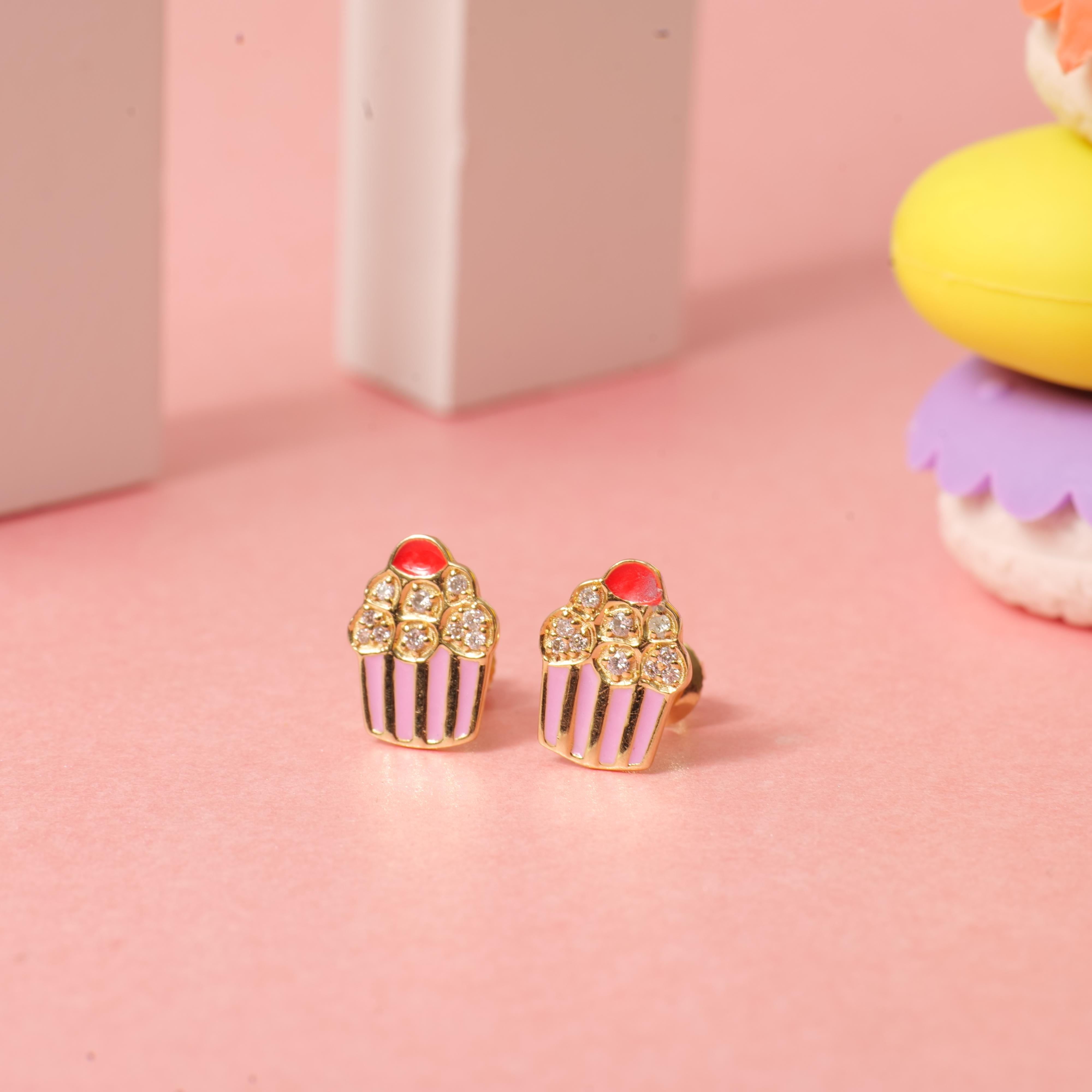 Cute Enameled Cupcake Diamond Earrings for Girls/Kids/Toddlers in 18K Solid Gold In New Condition For Sale In New Delhi, DL